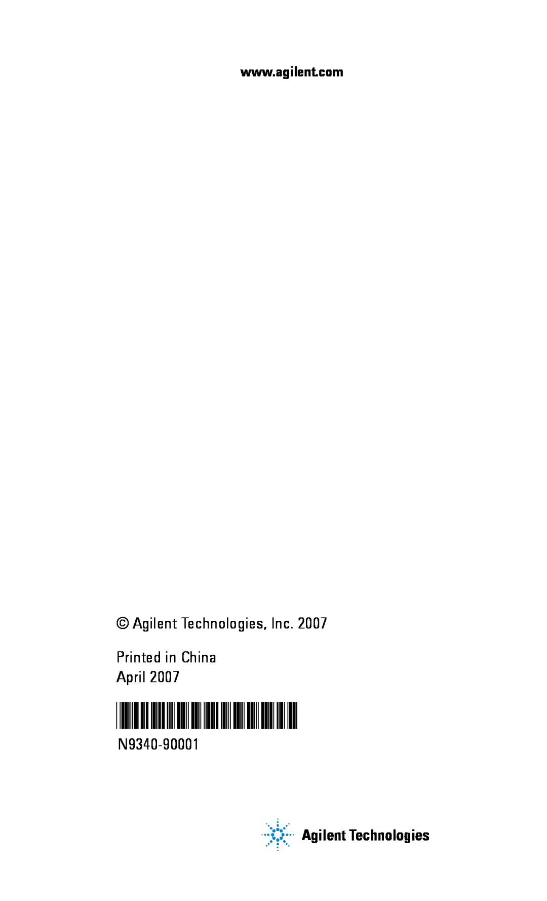 Agilent Technologies N9340A manual Agilent Technologies, Inc Printed in China April, N9340-90001 