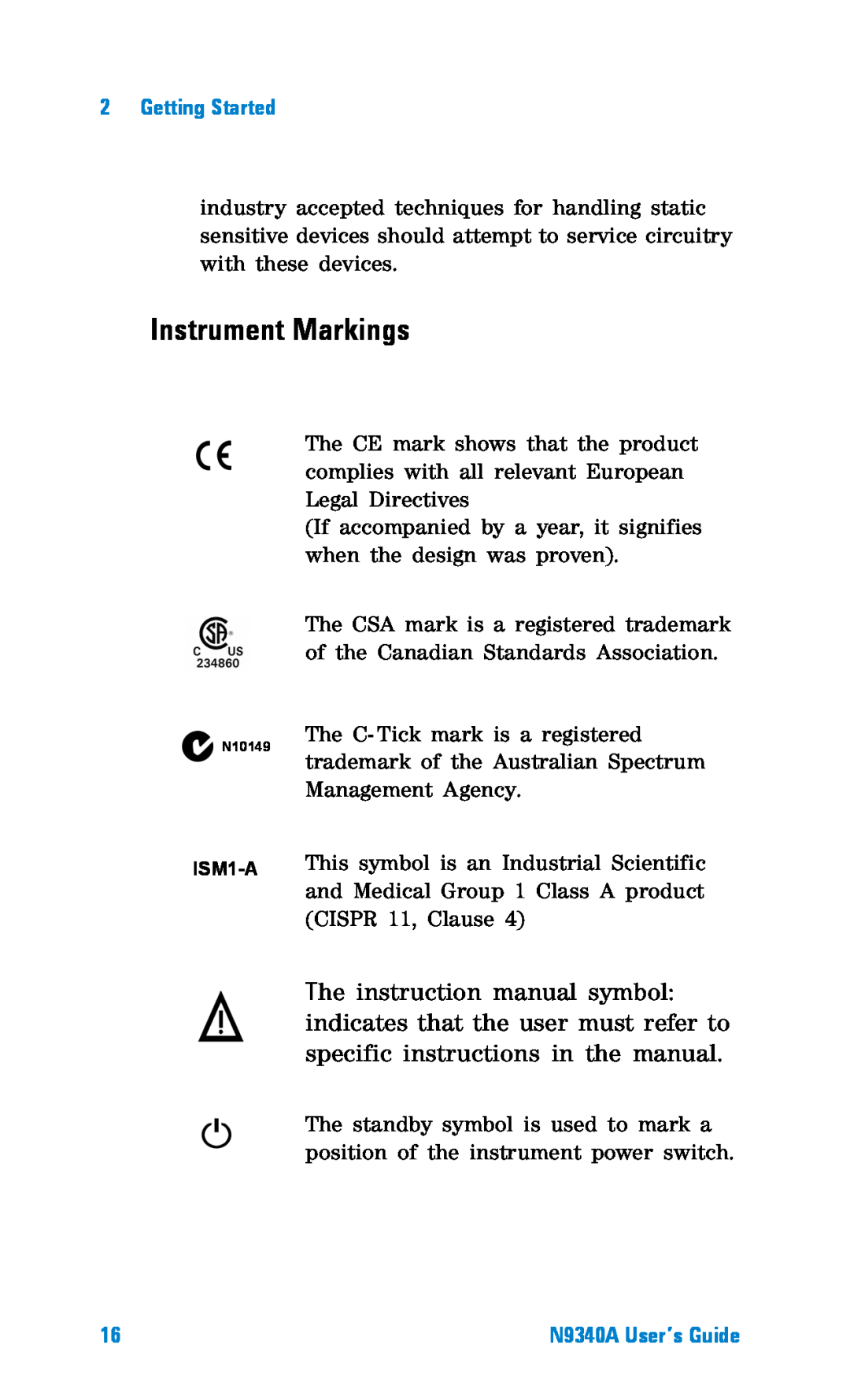 Agilent Technologies N9340A manual Instrument Markings, Getting Started 