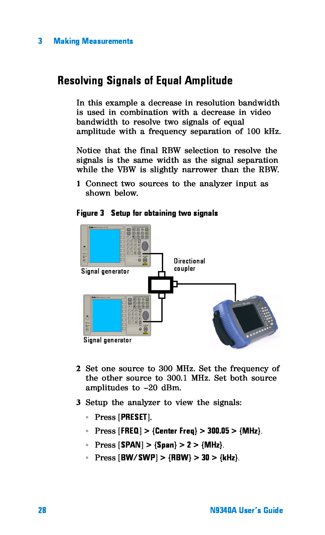 Agilent Technologies N9340A Resolving Signals of Equal Amplitude, Setup for obtaining two signals, Making Measurements 