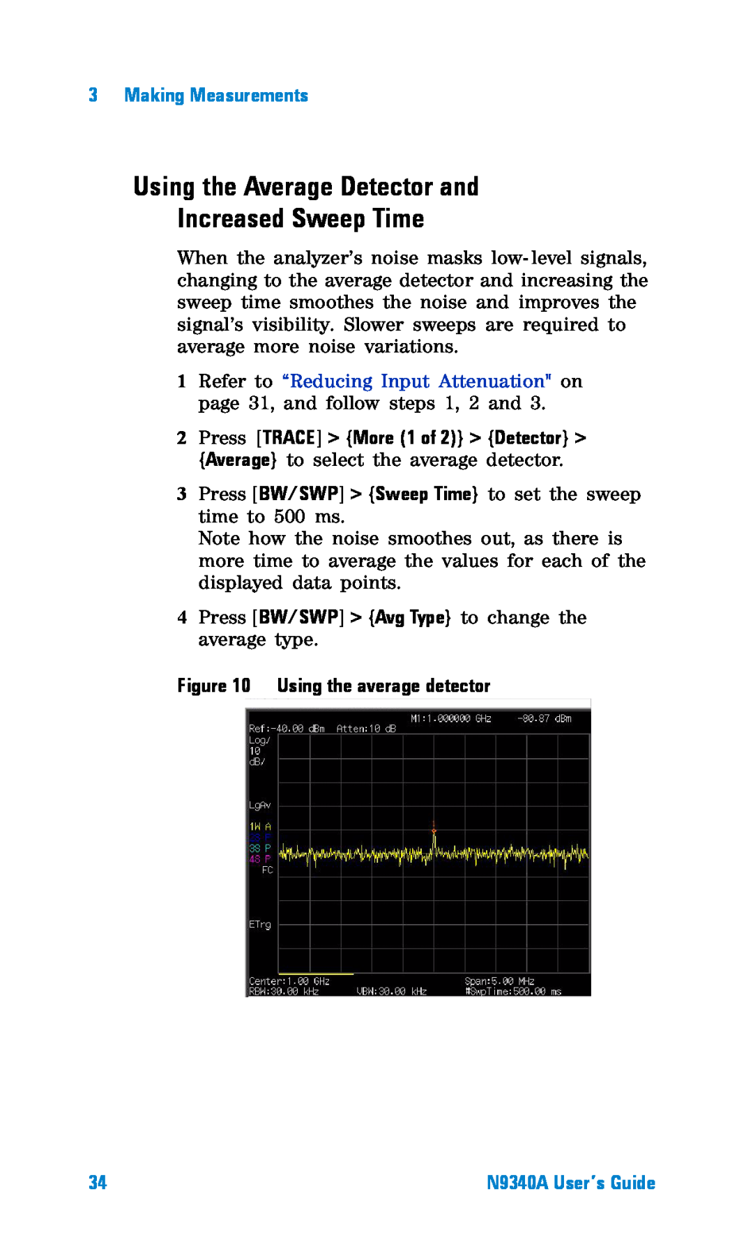 Agilent Technologies N9340A manual Using the Average Detector and Increased Sweep Time, Using the average detector 