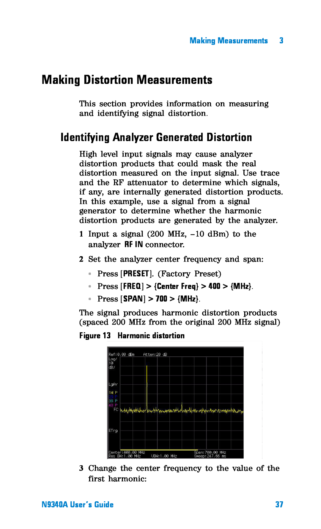 Agilent Technologies N9340A Making Distortion Measurements, Identifying Analyzer Generated Distortion, Harmonic distortion 