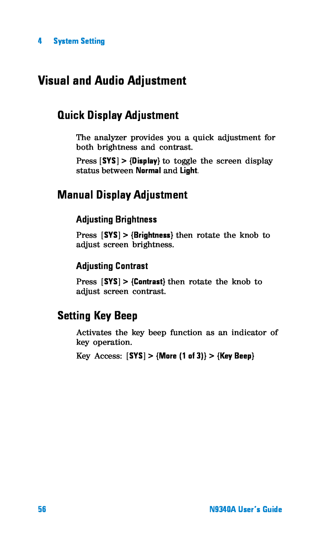 Agilent Technologies N9340A manual Visual and Audio Adjustment, Quick Display Adjustment, Manual Display Adjustment 
