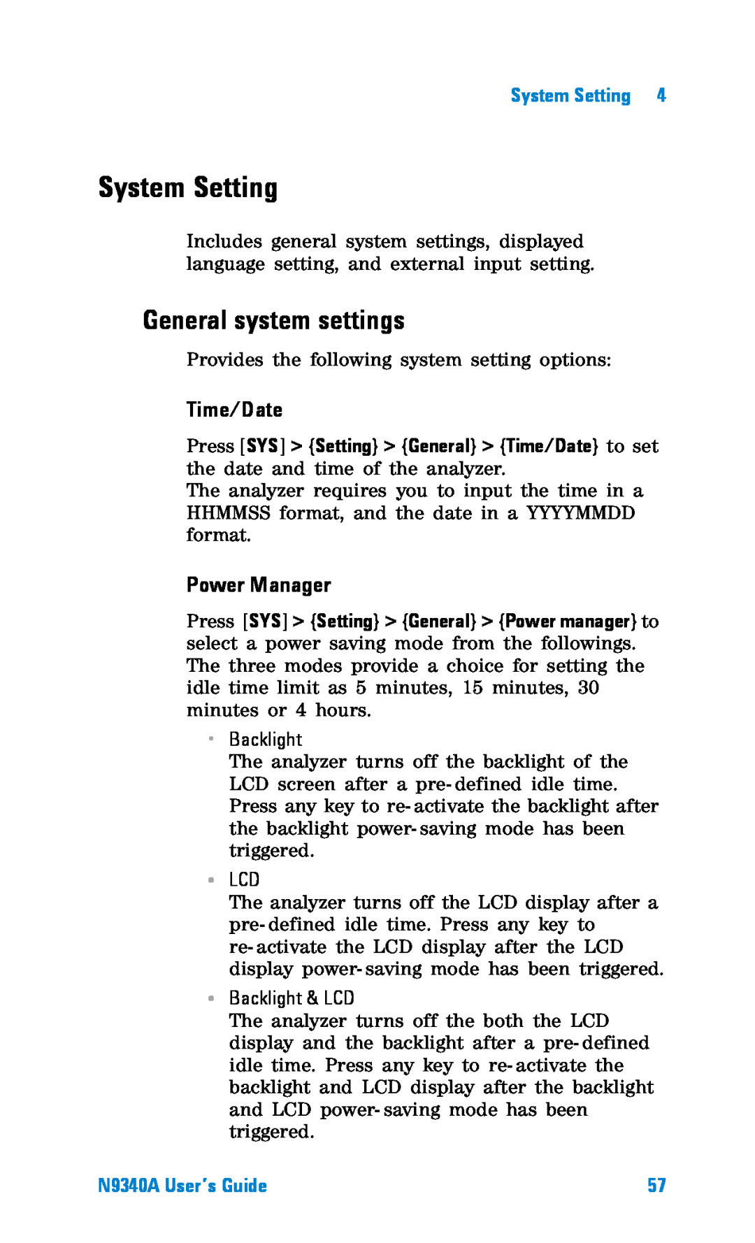 Agilent Technologies manual System Setting, General system settings, Time/Date, Power Manager, N9340A User’s Guide 