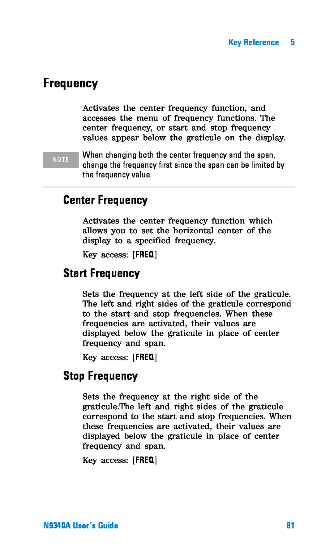 Agilent Technologies manual Center Frequency, Start Frequency, Stop Frequency, Key Reference, N9340A User’s Guide 