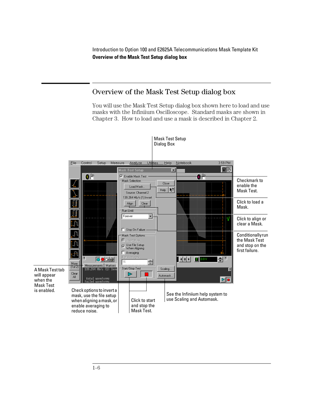 Agilent Technologies Option 100, E2625A manual Overview of the Mask Test Setup dialog box, Is enabled 