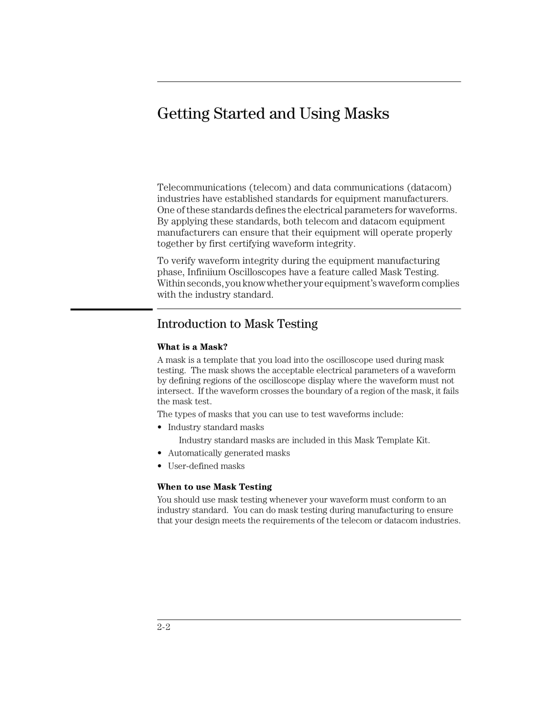 Agilent Technologies Option 100, E2625A manual Getting Started and Using Masks, Introduction to Mask Testing 