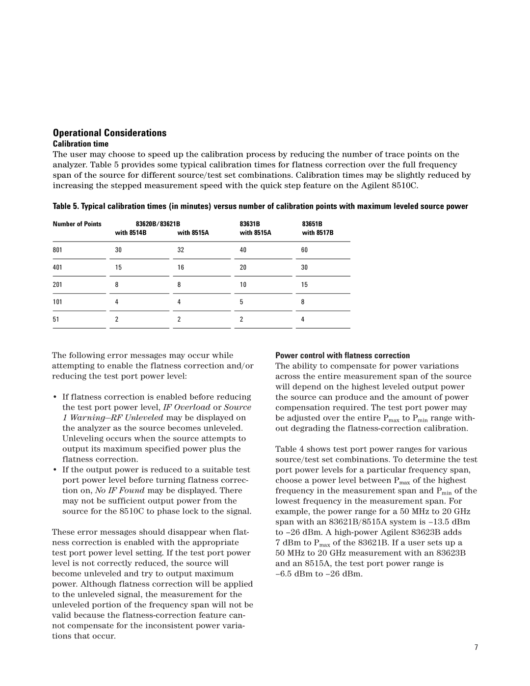 Agilent Technologies PN 8510-16 manual Operational Considerations, Calibration time, Power control with flatness correction 