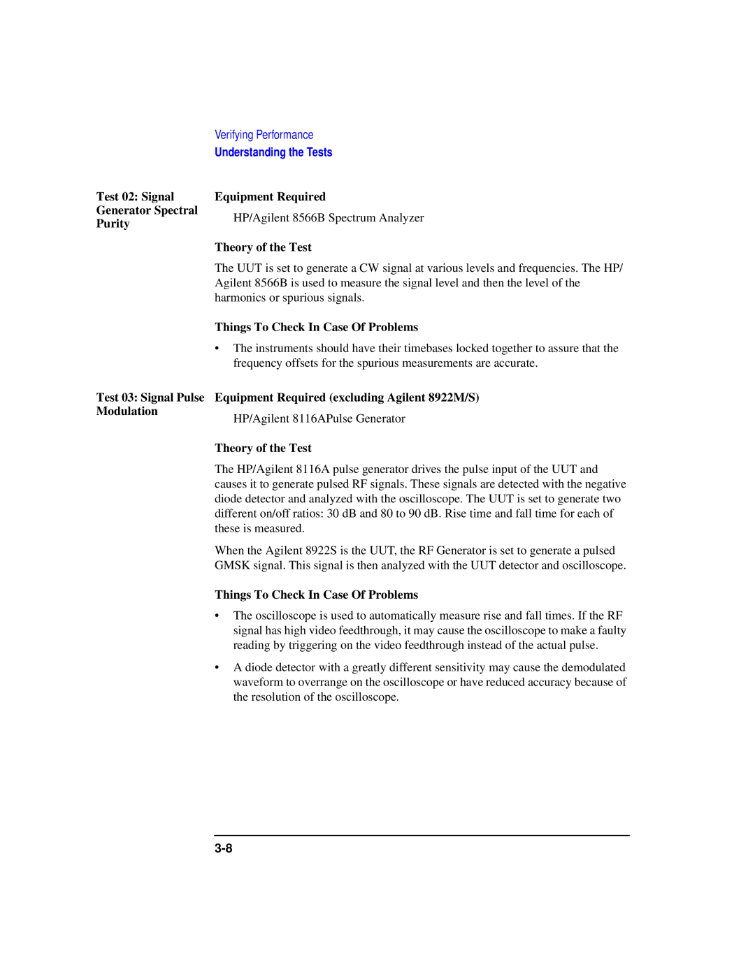 Agilent Technologies 8922M, S GSM manual Test 02 Signal Generator Spectral Purity 