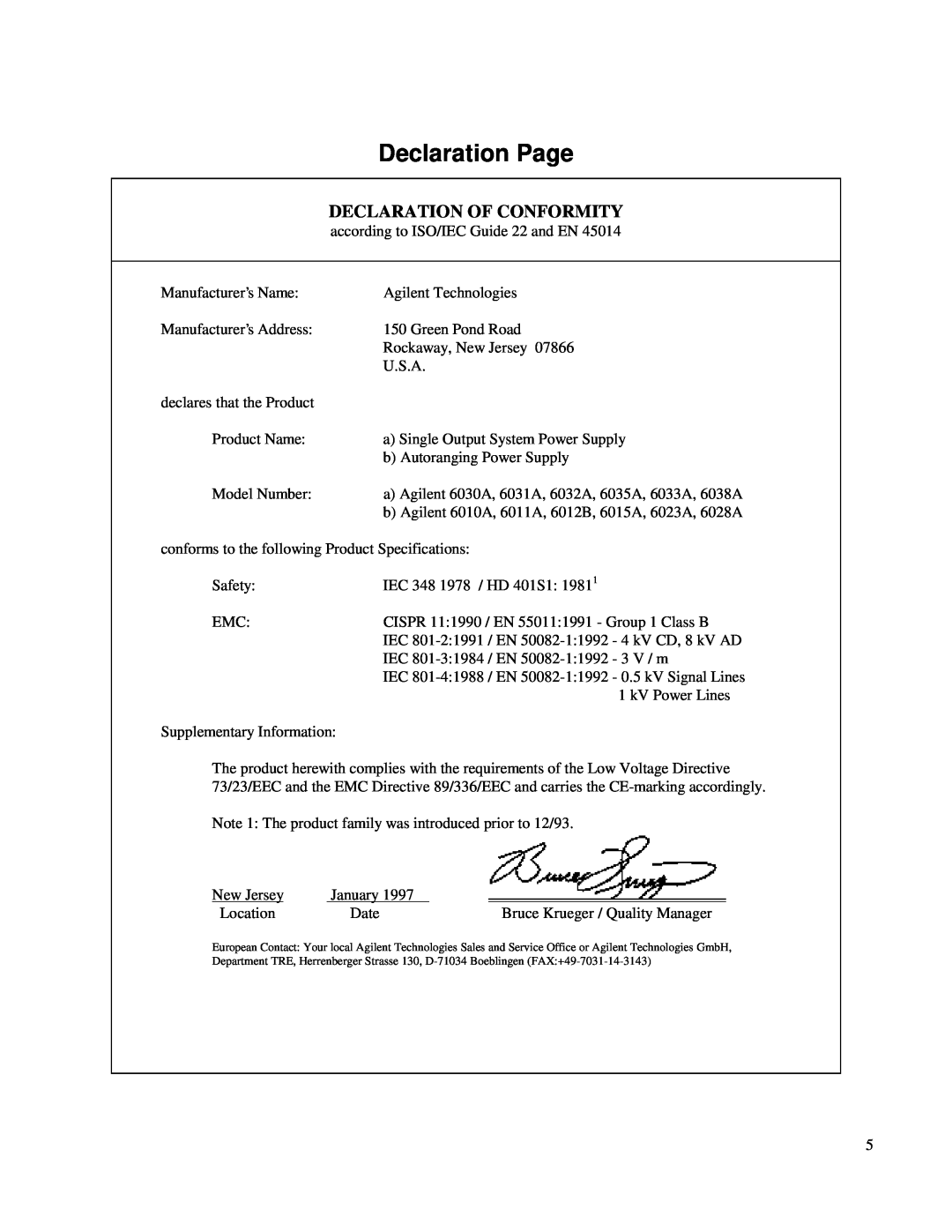 Agilent Technologies Serials 3004A-05881 to 05885 3023A-06181 and above Agilent 6033A manual Declaration Of Conformity 