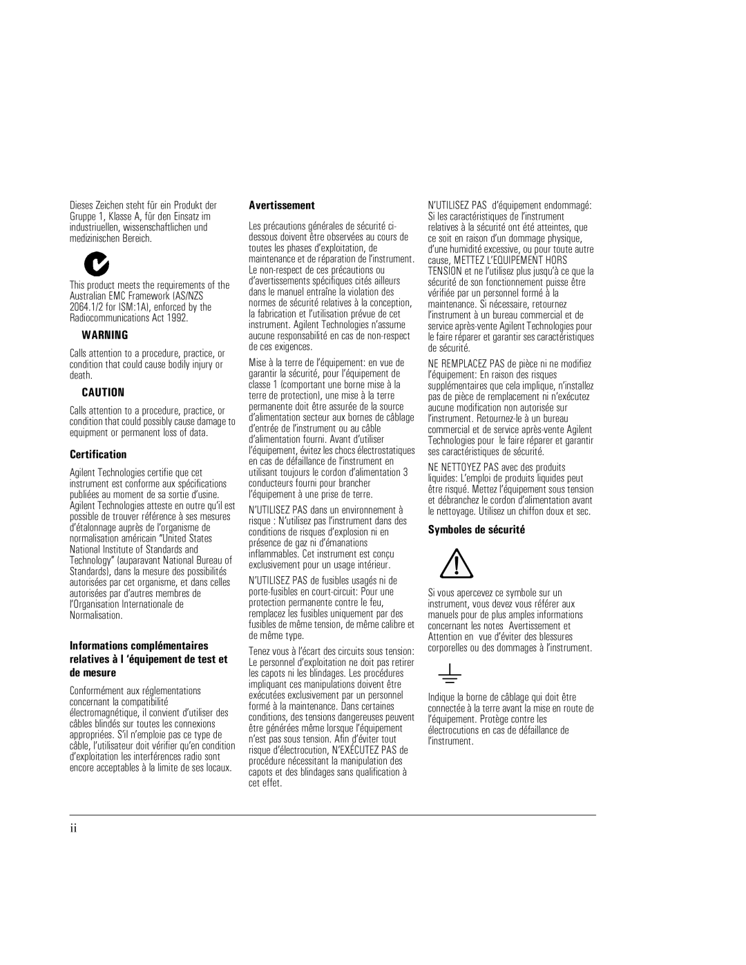 Agilent Technologies SMPTE 310M manual Avertissement, Symboles de sécurité 