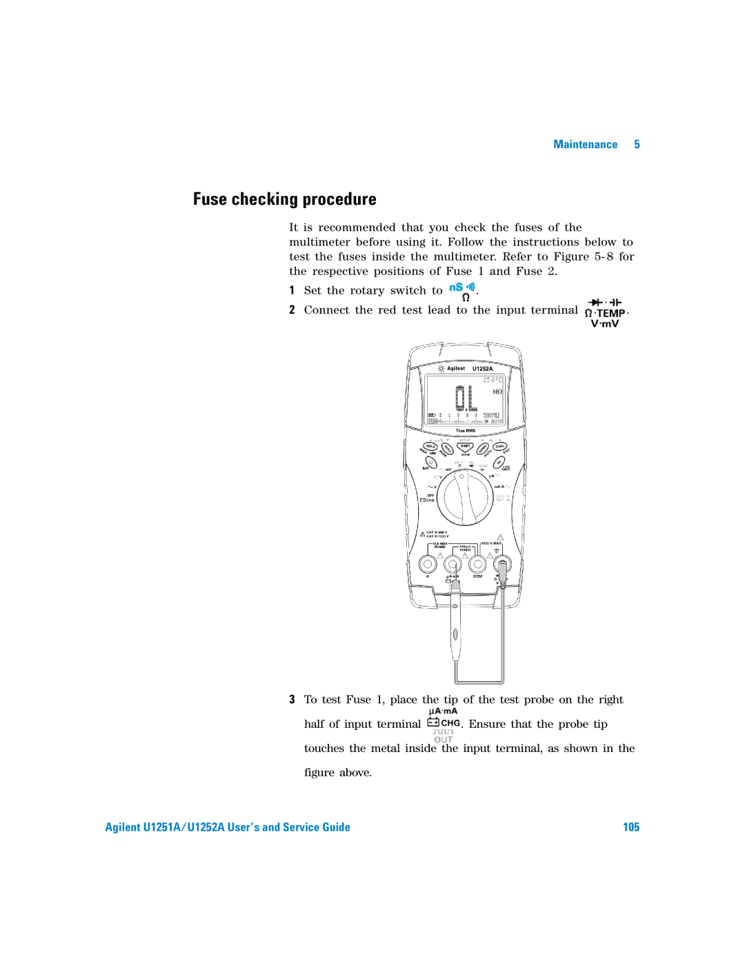 Agilent Technologies U1251A manual Fuse checking procedure, Figure above 