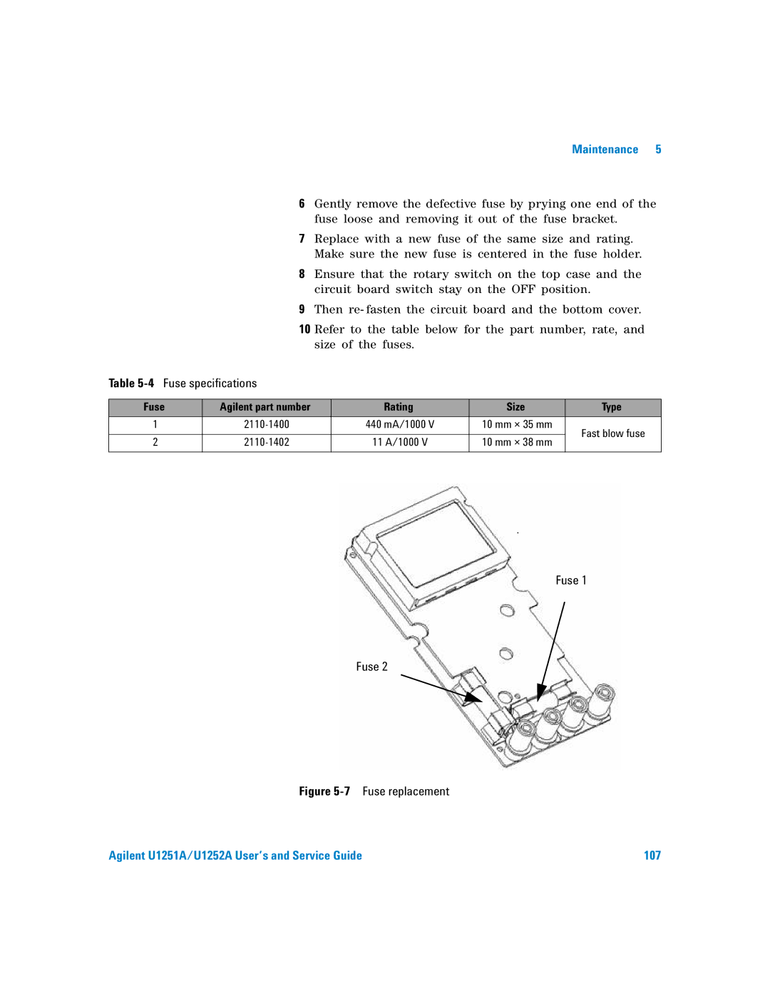 Agilent Technologies U1251A manual 4Fuse specifications, Fuse Agilent part number Rating Size Type 