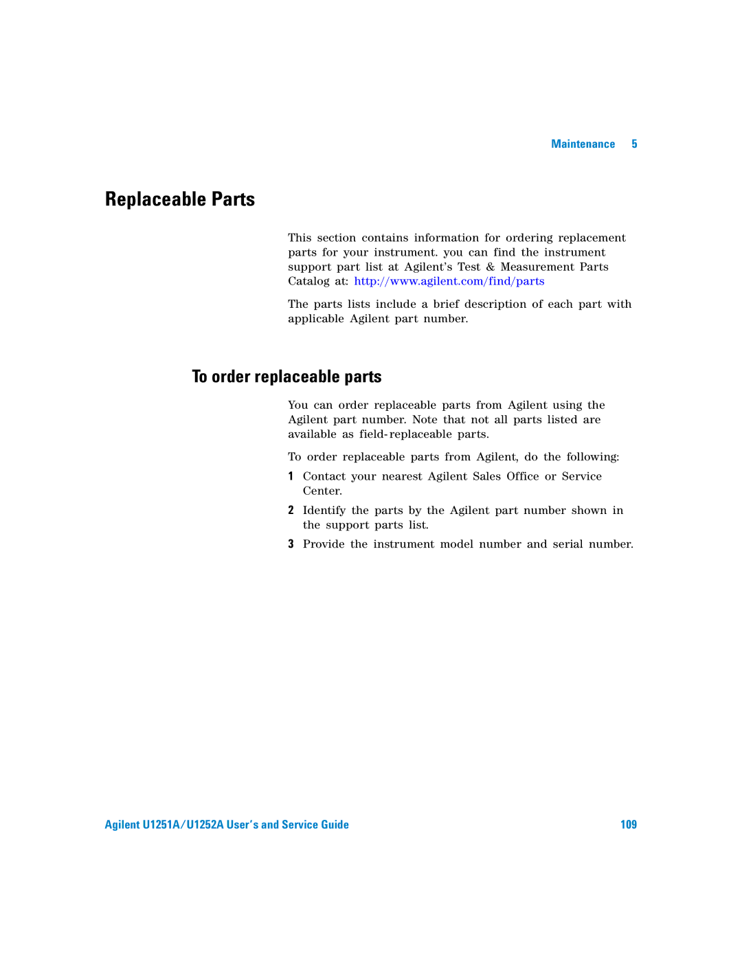 Agilent Technologies U1251A manual Replaceable Parts, To order replaceable parts 