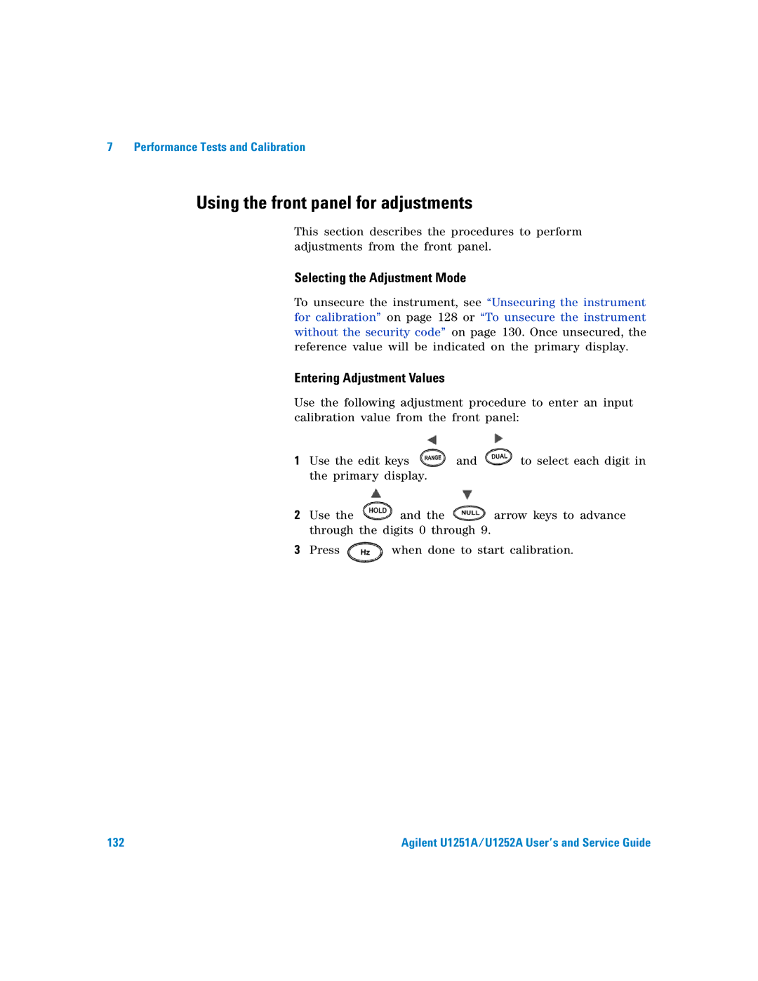 Agilent Technologies U1251A manual Using the front panel for adjustments, Selecting the Adjustment Mode 