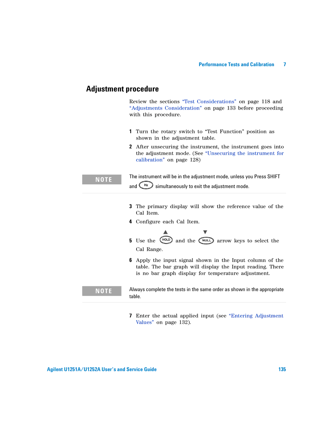 Agilent Technologies U1251A manual Adjustment procedure, Simultaneously to exit the adjustment mode 