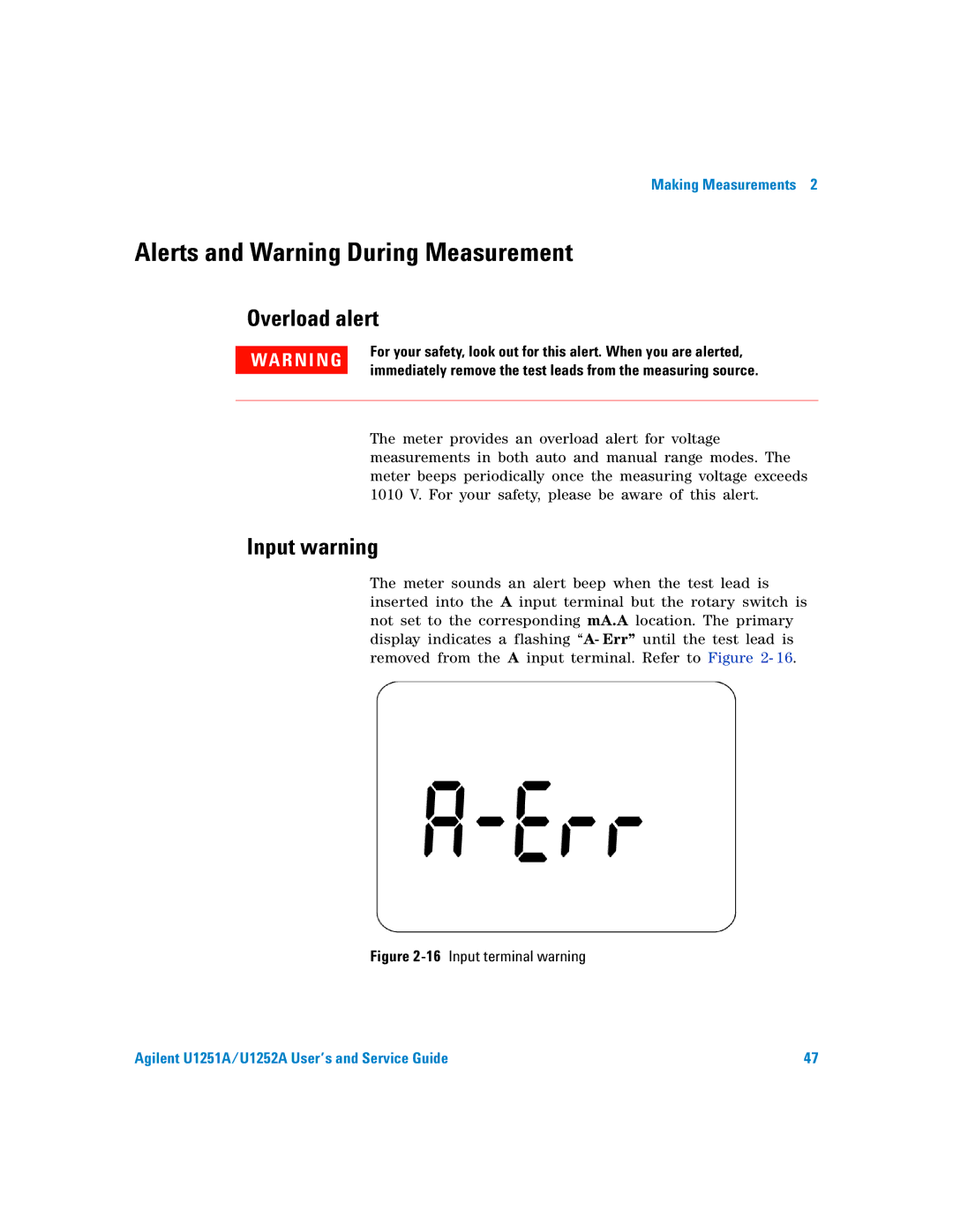 Agilent Technologies U1251A manual Alerts and Warning During Measurement, Overload alert, Input warning 