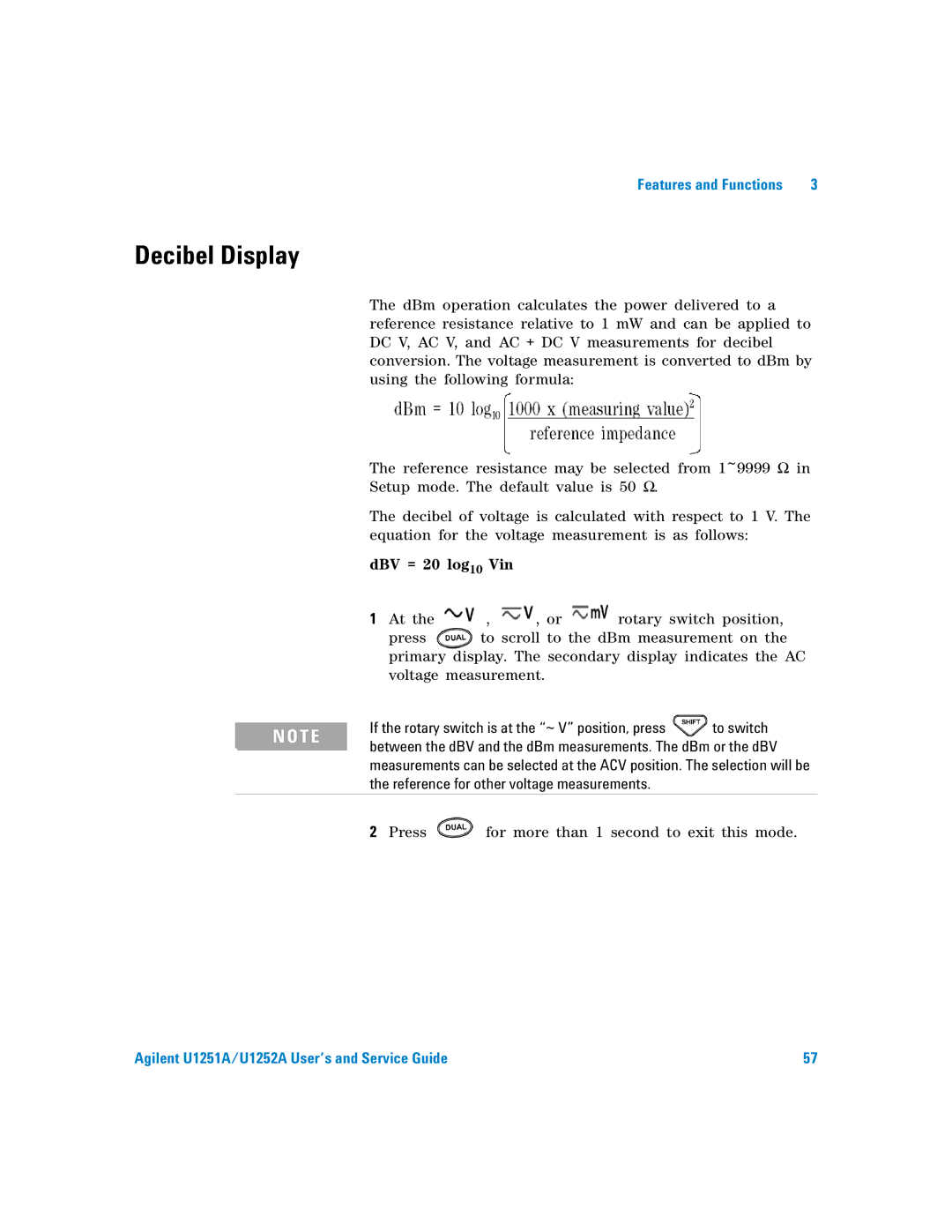 Agilent Technologies U1251A manual Decibel Display, Reference for other voltage measurements 