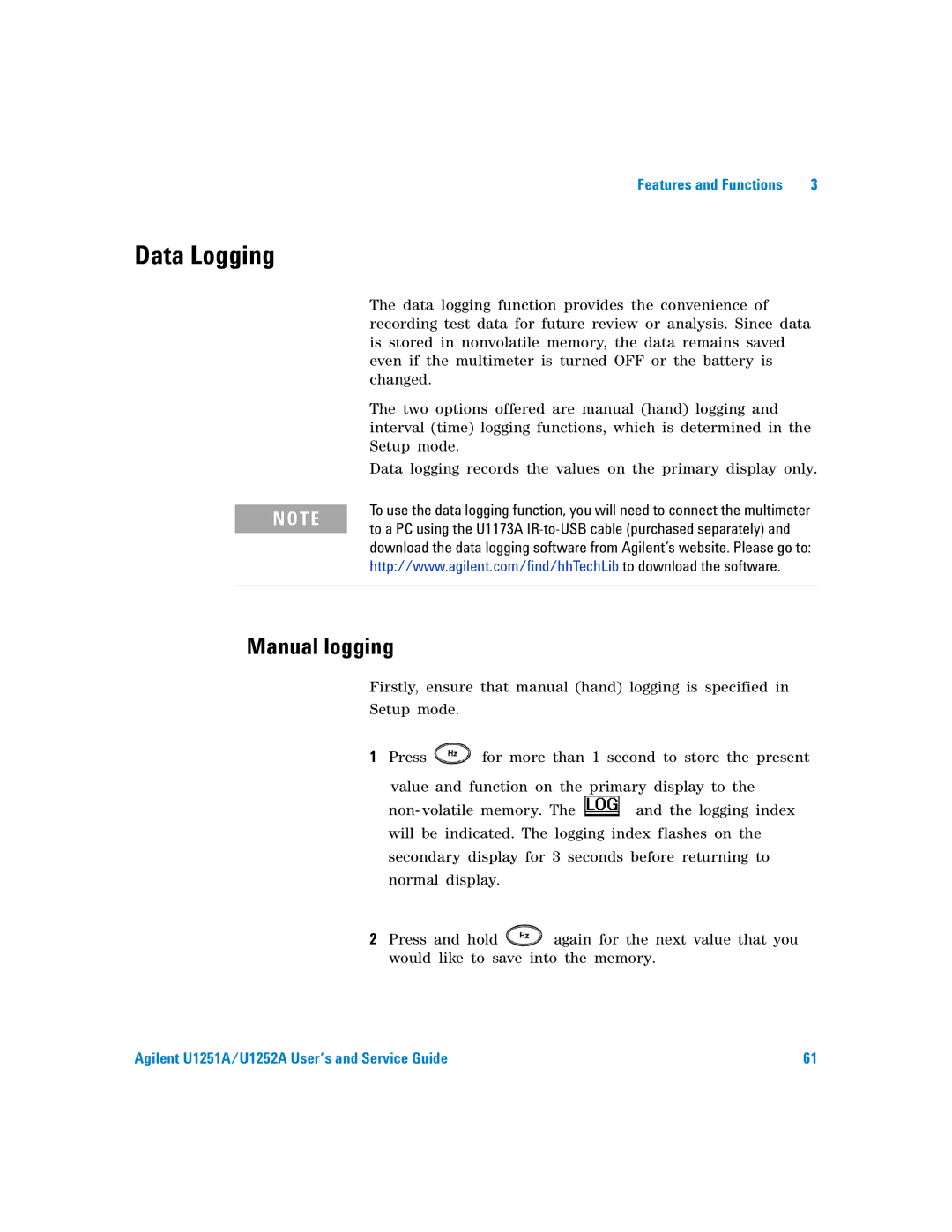 Agilent Technologies U1251A manual Data Logging, Manual logging 