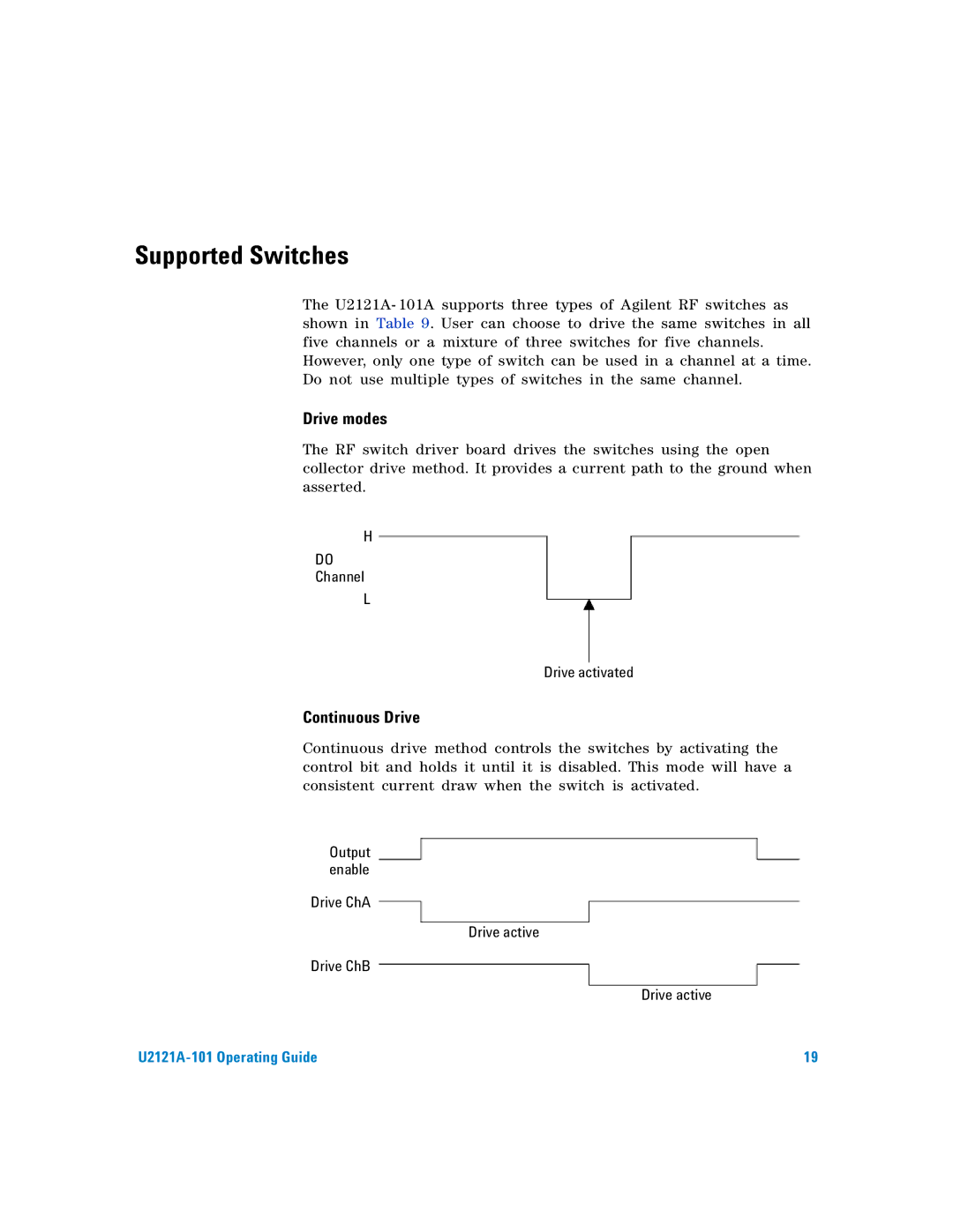 Agilent Technologies U2121A-101 manual Supported Switches, Drive modes, Continuous Drive, Channel Drive activated 