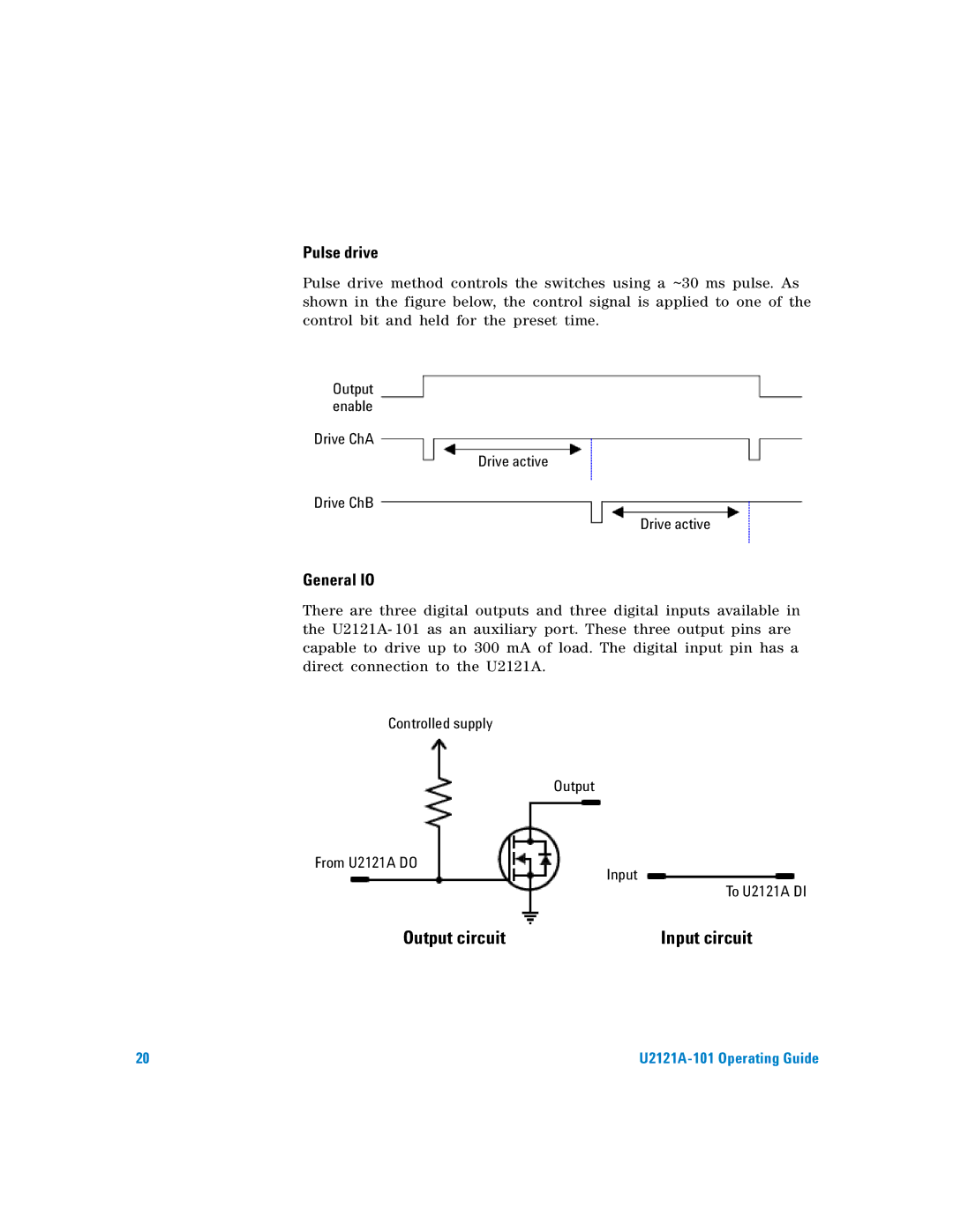 Agilent Technologies U2121A-101 manual Pulse drive, General IO, Controlled supply Output From U2121A do Input To U2121A DI 