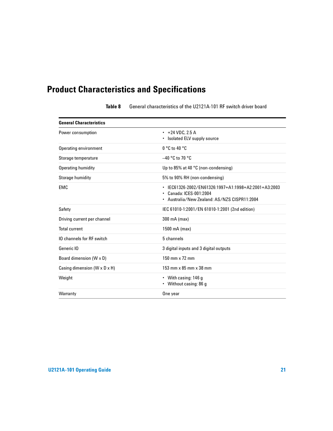 Agilent Technologies U2121A-101 manual Product Characteristics and Specifications, General Characteristics 