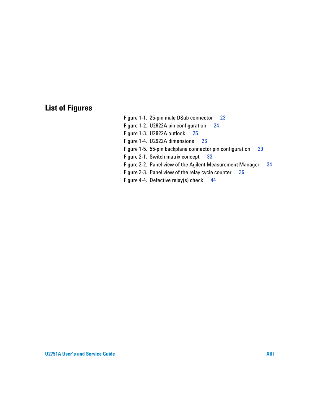 Agilent Technologies U2751A manual List of Figures, U2922A pin configuration, Pin backplane connector pin configuration 