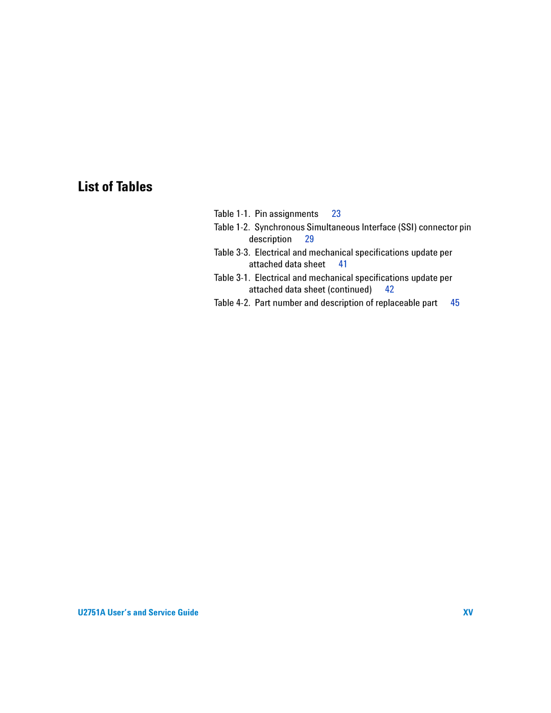 Agilent Technologies U2751A manual List of Tables, Electrical and mechanical specifications update per 