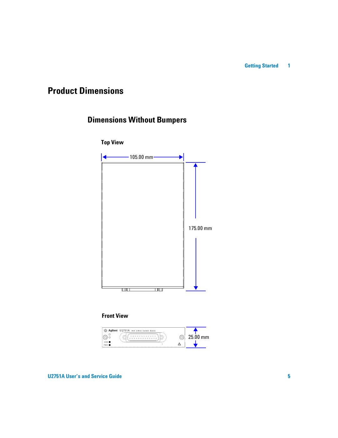 Agilent Technologies U2751A manual Product Dimensions, Dimensions Without Bumpers, 105.00 mm 175.00 mm, 25.00 mm 