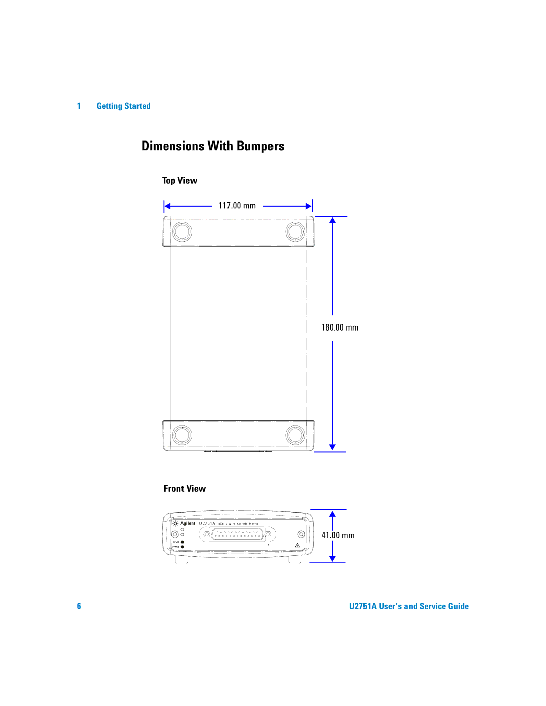 Agilent Technologies U2751A manual Dimensions With Bumpers, 117.00 mm 180.00 mm, 41.00 mm 