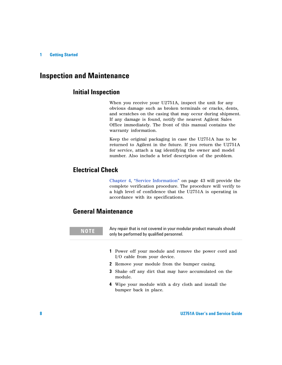 Agilent Technologies U2751A manual Inspection and Maintenance, Initial Inspection, Electrical Check, General Maintenance 