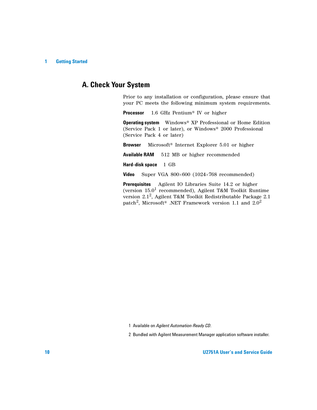 Agilent Technologies U2751A manual Check Your System, Hard-disk space 1 GB 