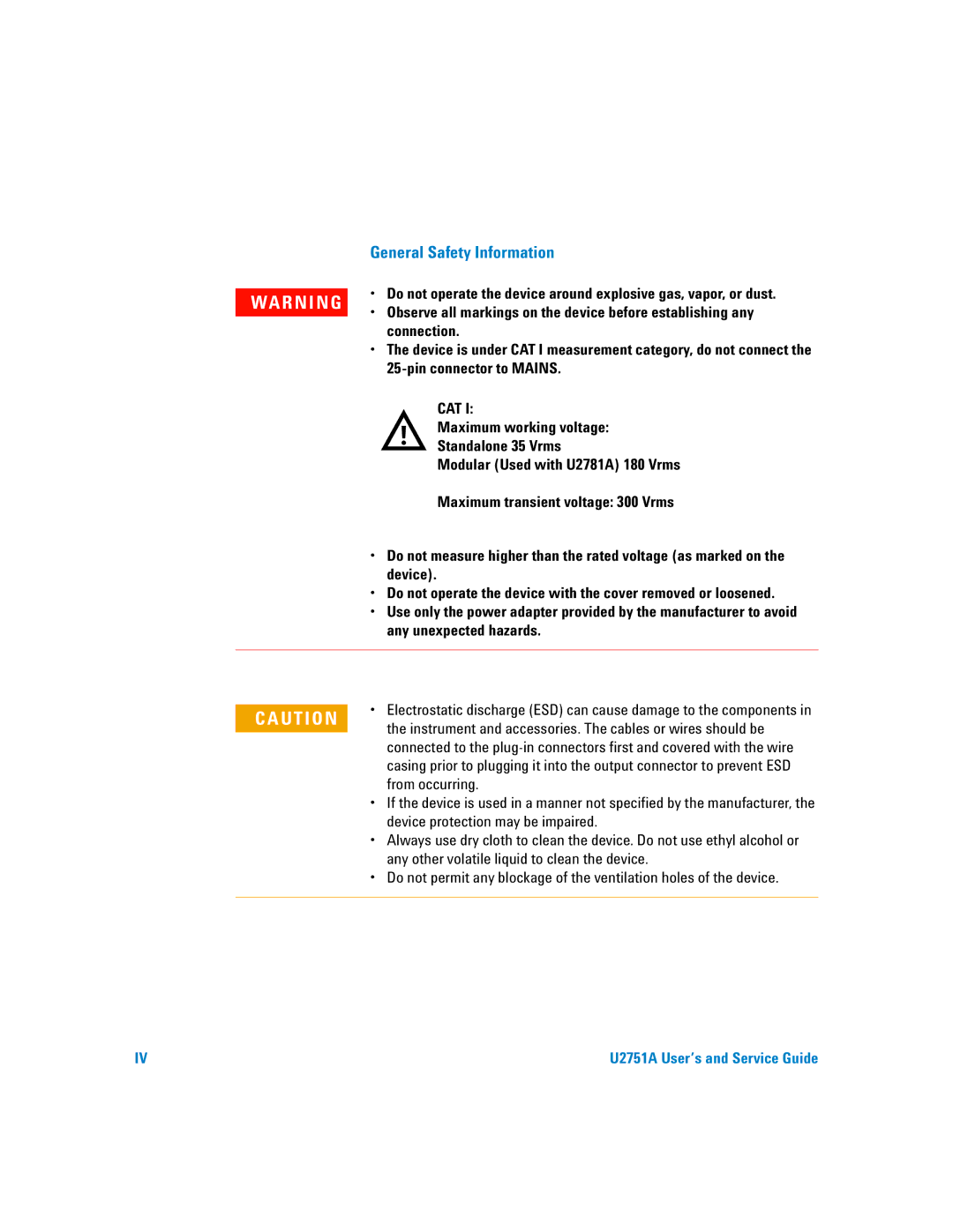 Agilent Technologies U2751A manual Instrument and accessories. The cables or wires should be, From occurring 