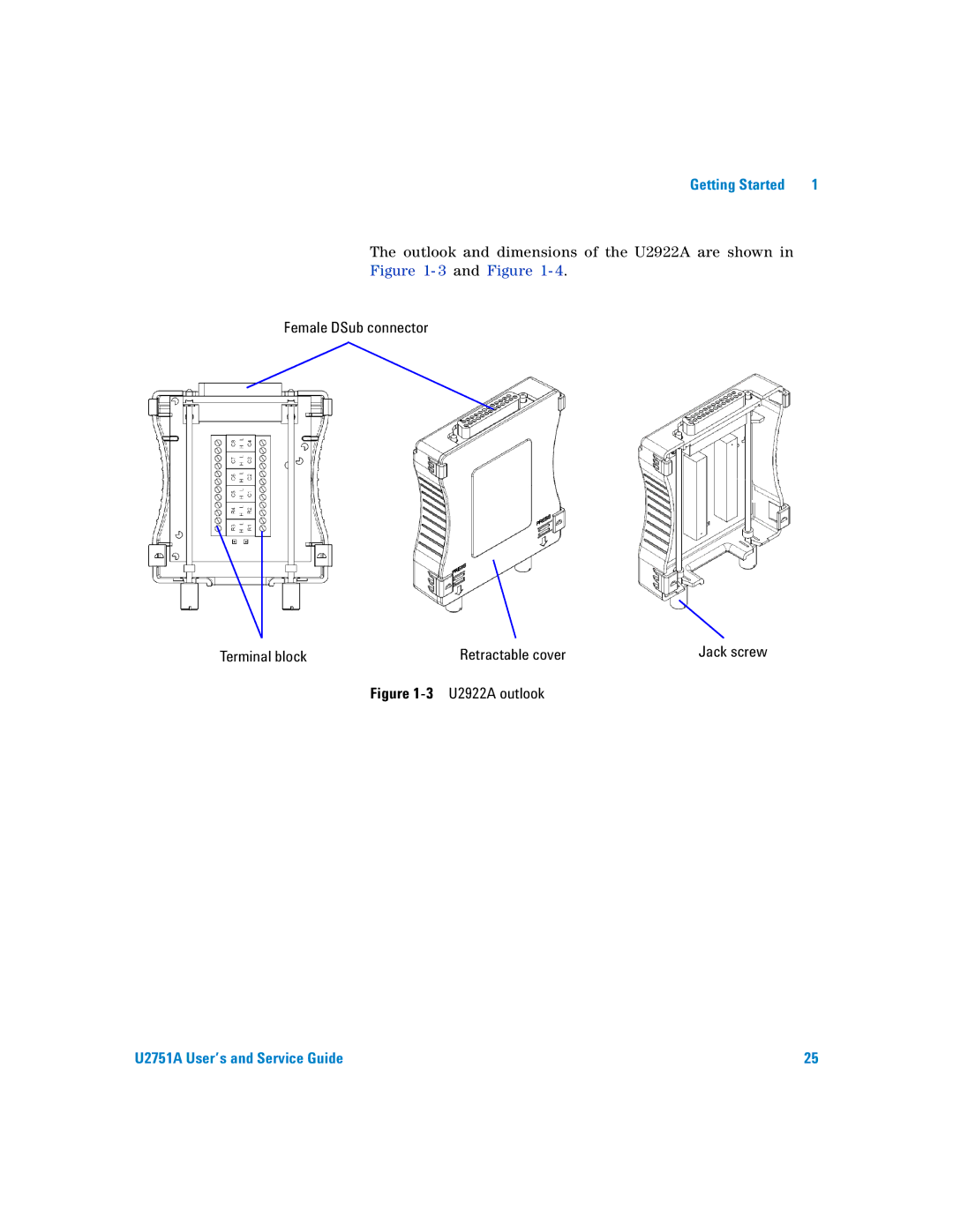 Agilent Technologies U2751A manual Female DSub connector Terminal block Retractable cover, 3U2922A outlook 