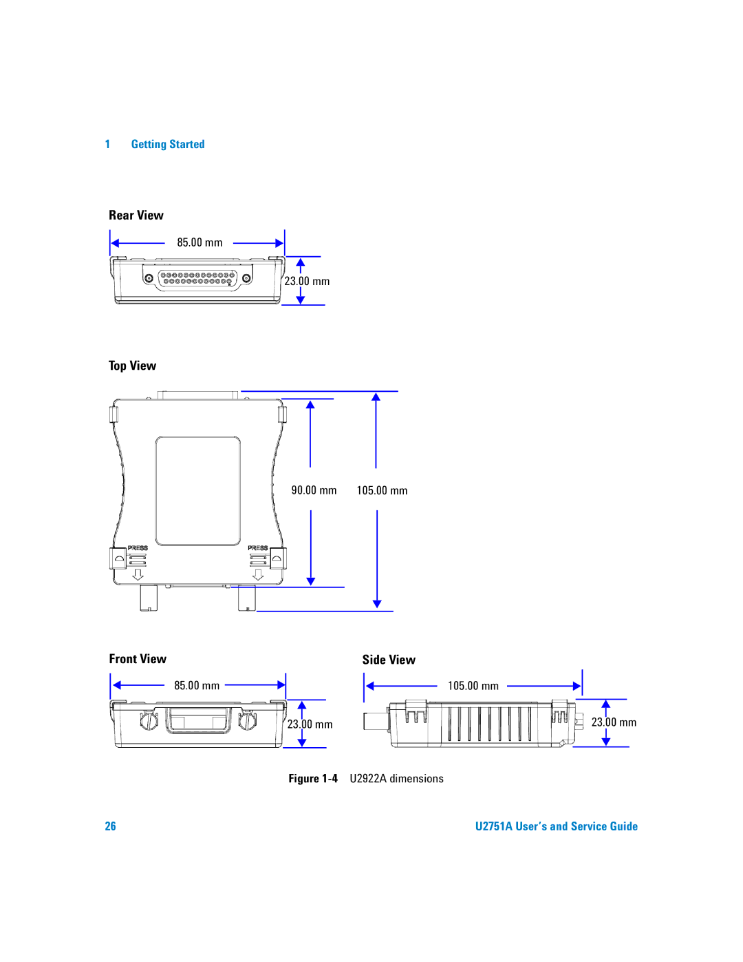 Agilent Technologies U2751A manual 85.00 mm 23.00 mm, 90.00 mm 105.00 mm, 105.00 mm 23.00 mm 