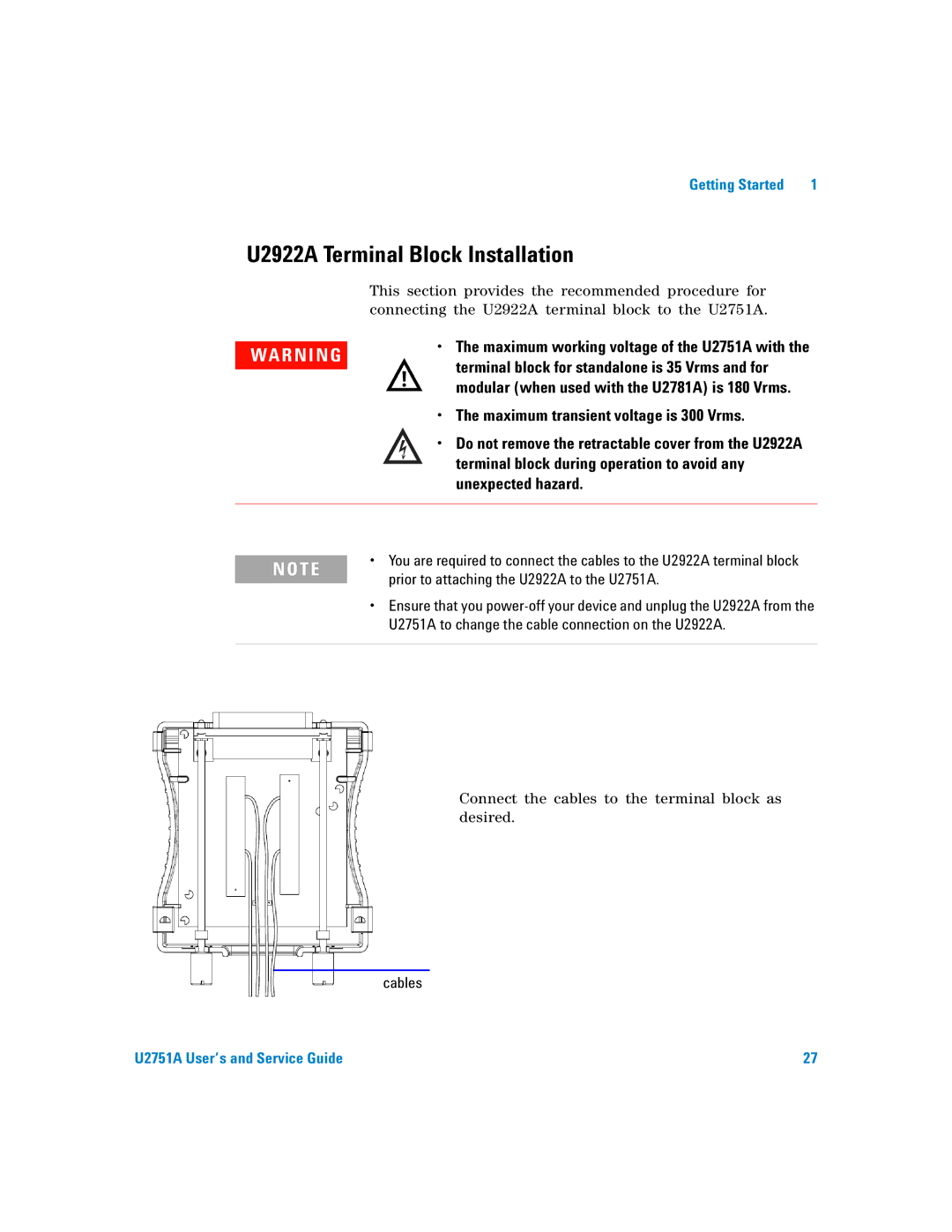 Agilent Technologies manual U2922A Terminal Block Installation, Prior to attaching the U2922A to the U2751A, Cables 