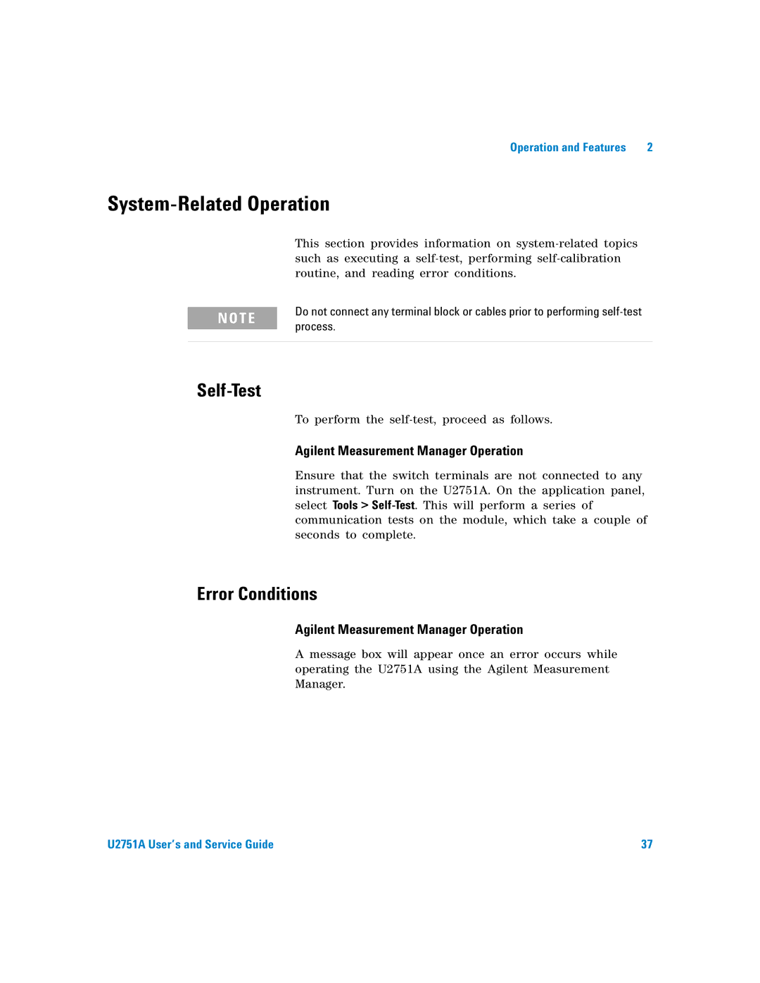 Agilent Technologies U2751A manual System-Related Operation, Self-Test, Error Conditions 