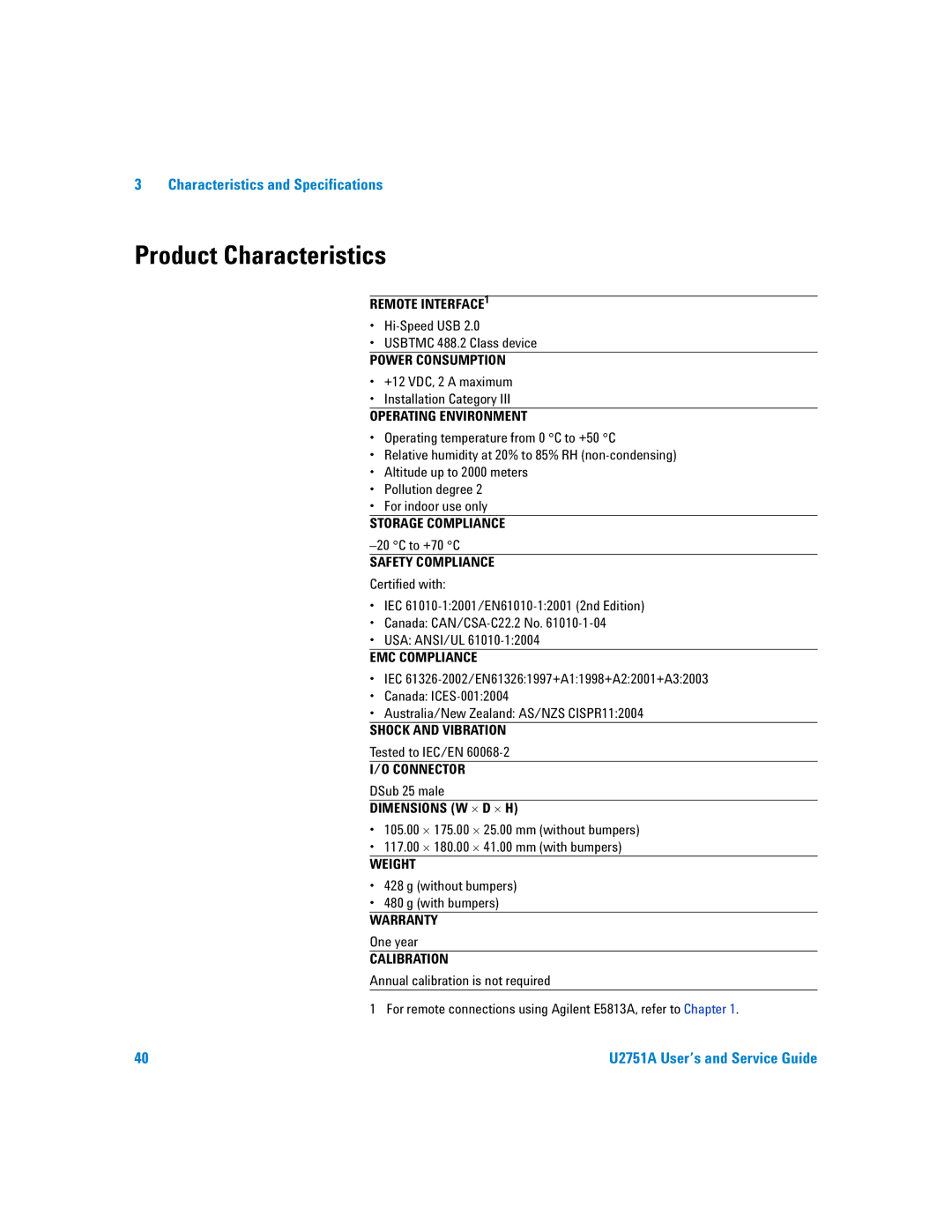 Agilent Technologies U2751A manual Product Characteristics, Operating Environment 