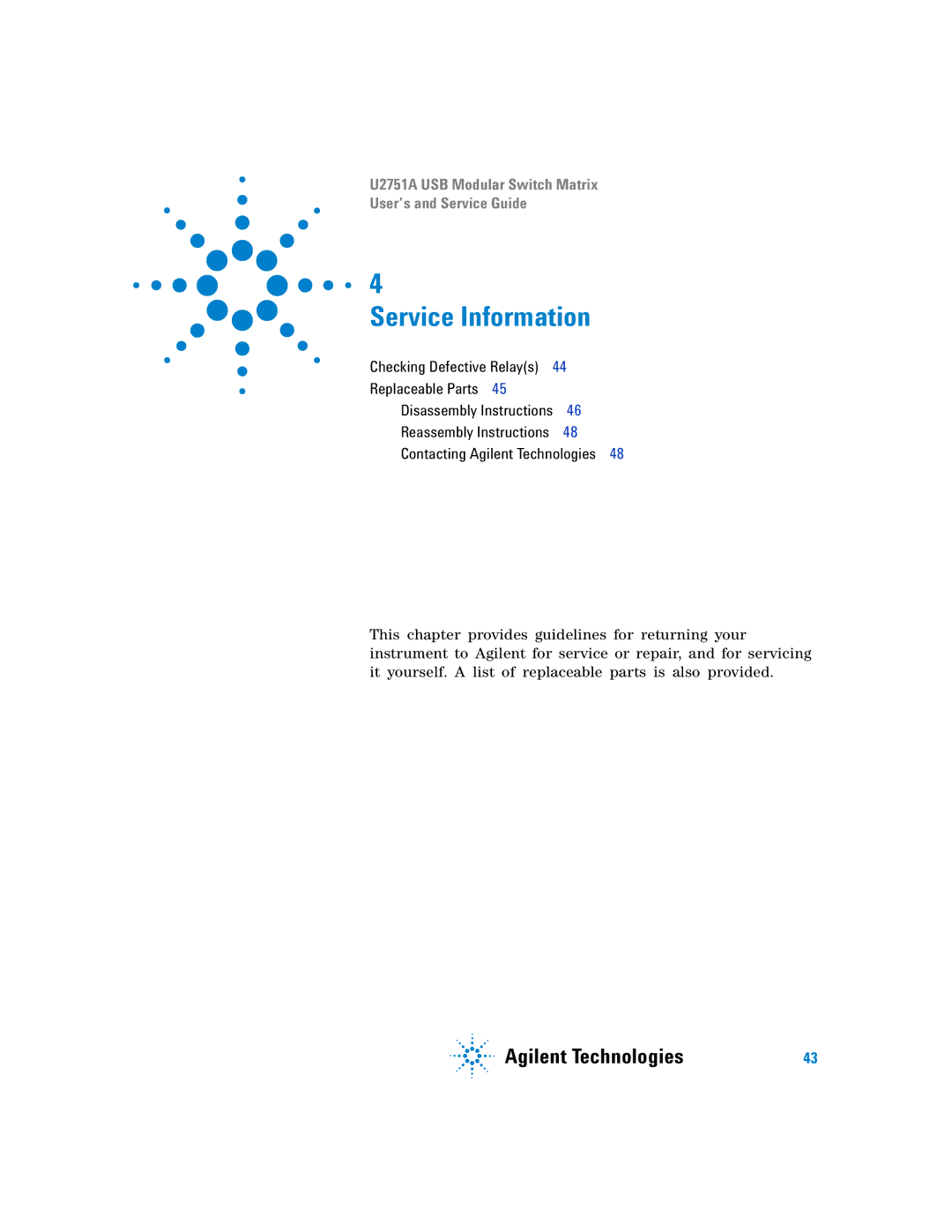 Agilent Technologies U2751A manual Service Information 