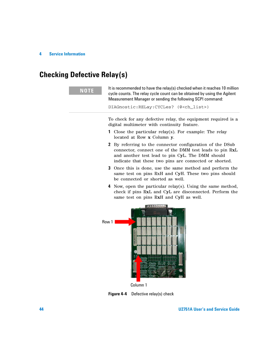 Agilent Technologies U2751A manual Checking Defective Relays, Row Column 