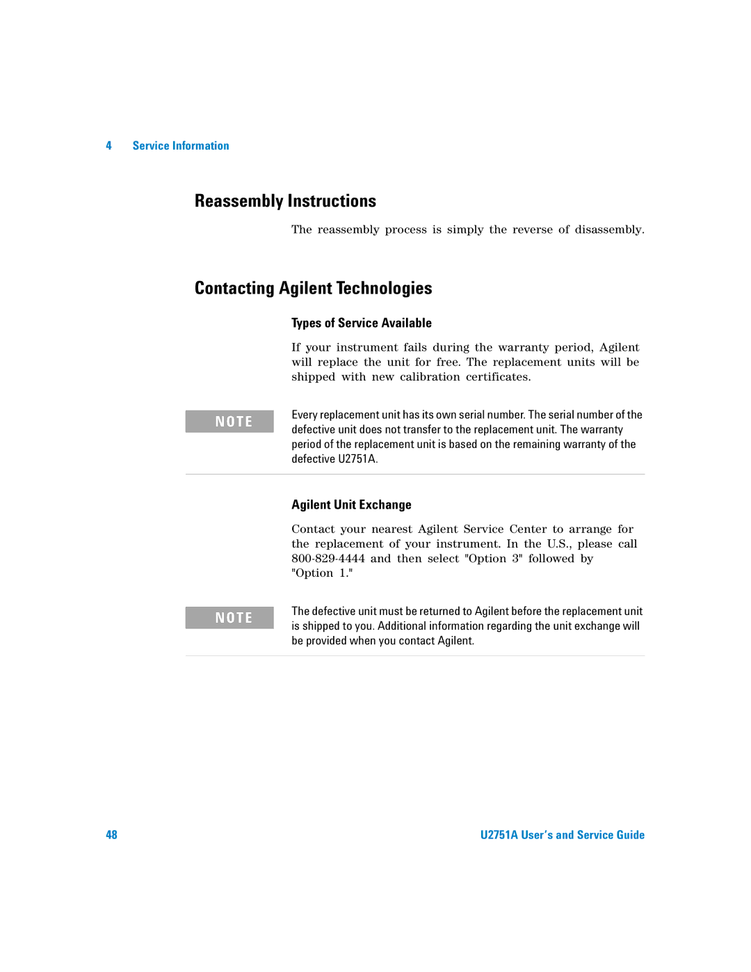 Agilent Technologies U2751A manual Reassembly Instructions, Contacting Agilent Technologies 