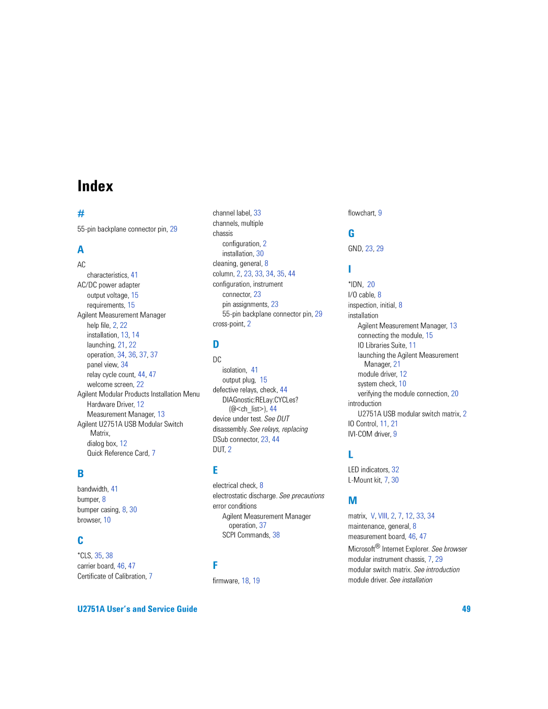 Agilent Technologies U2751A manual Index 