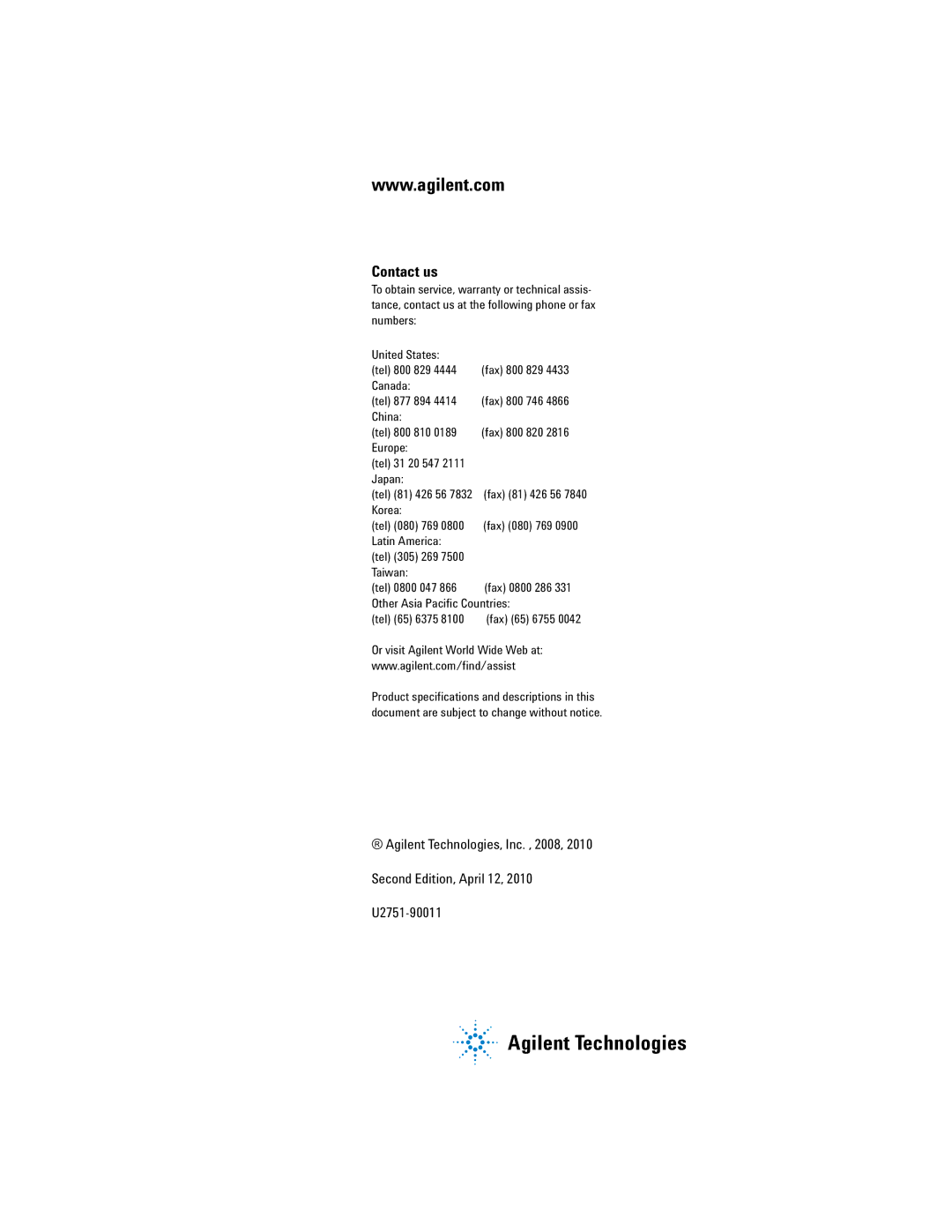 Agilent Technologies U2751A manual Contact us 