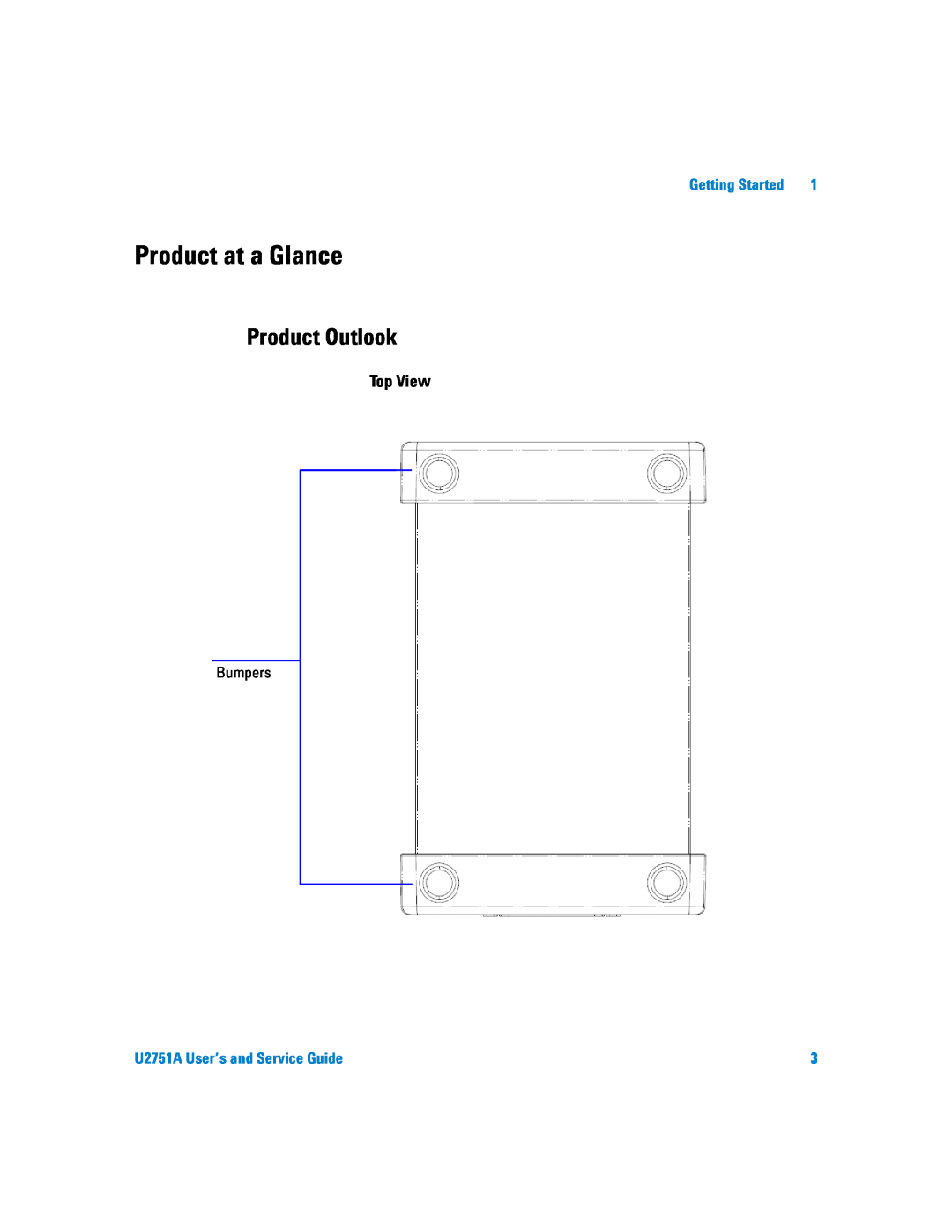 Agilent Technologies manual Product at a Glance, Product Outlook, Top View, Bumpers, U2751A User’s and Service Guide 