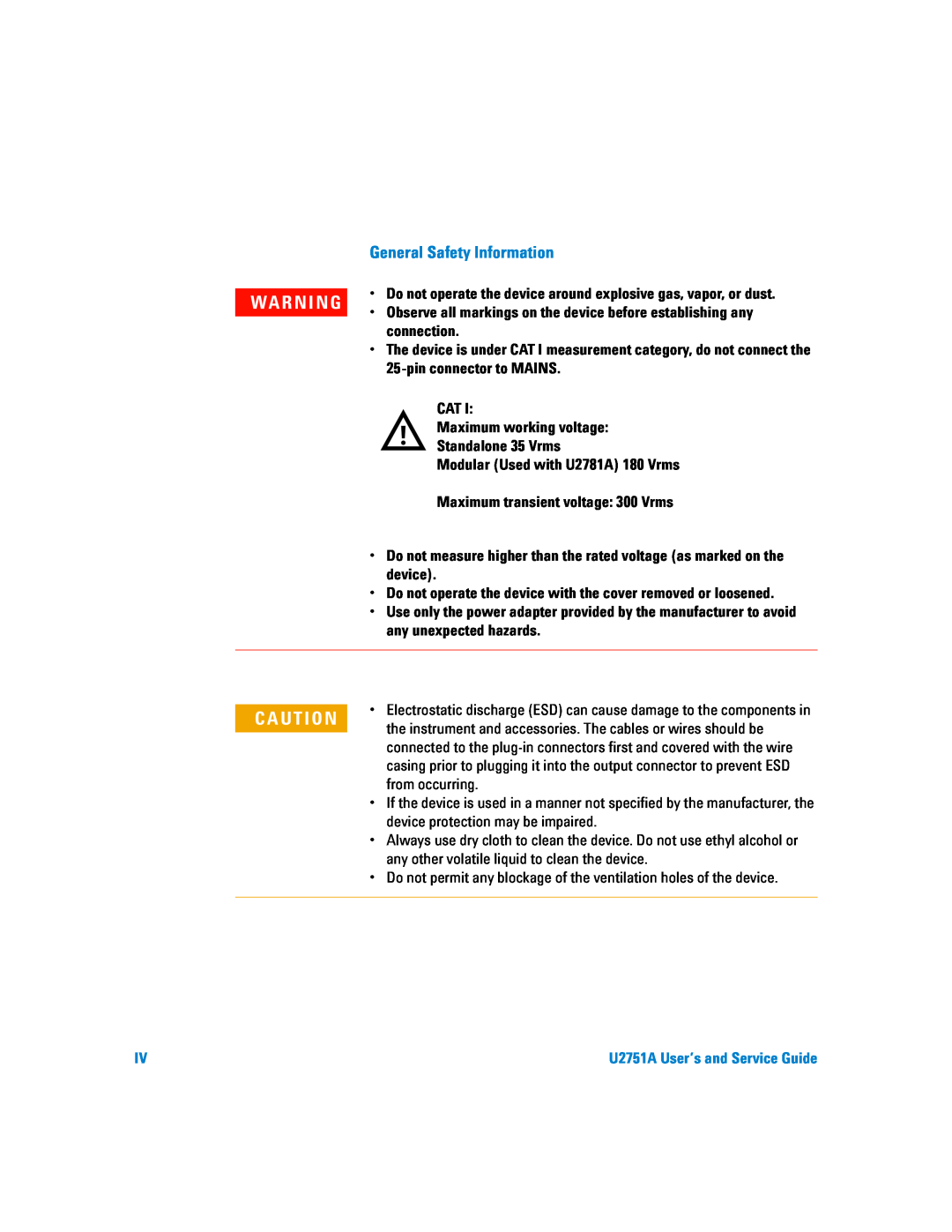 Agilent Technologies U2751A manual General Safety Information, Wa R N I N G 