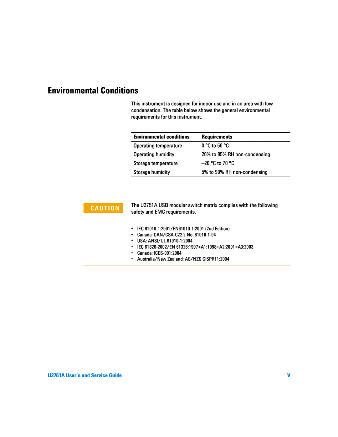 Agilent Technologies U2751A manual Environmental Conditions, C A U T I O N, Environmental conditions, Requirements 