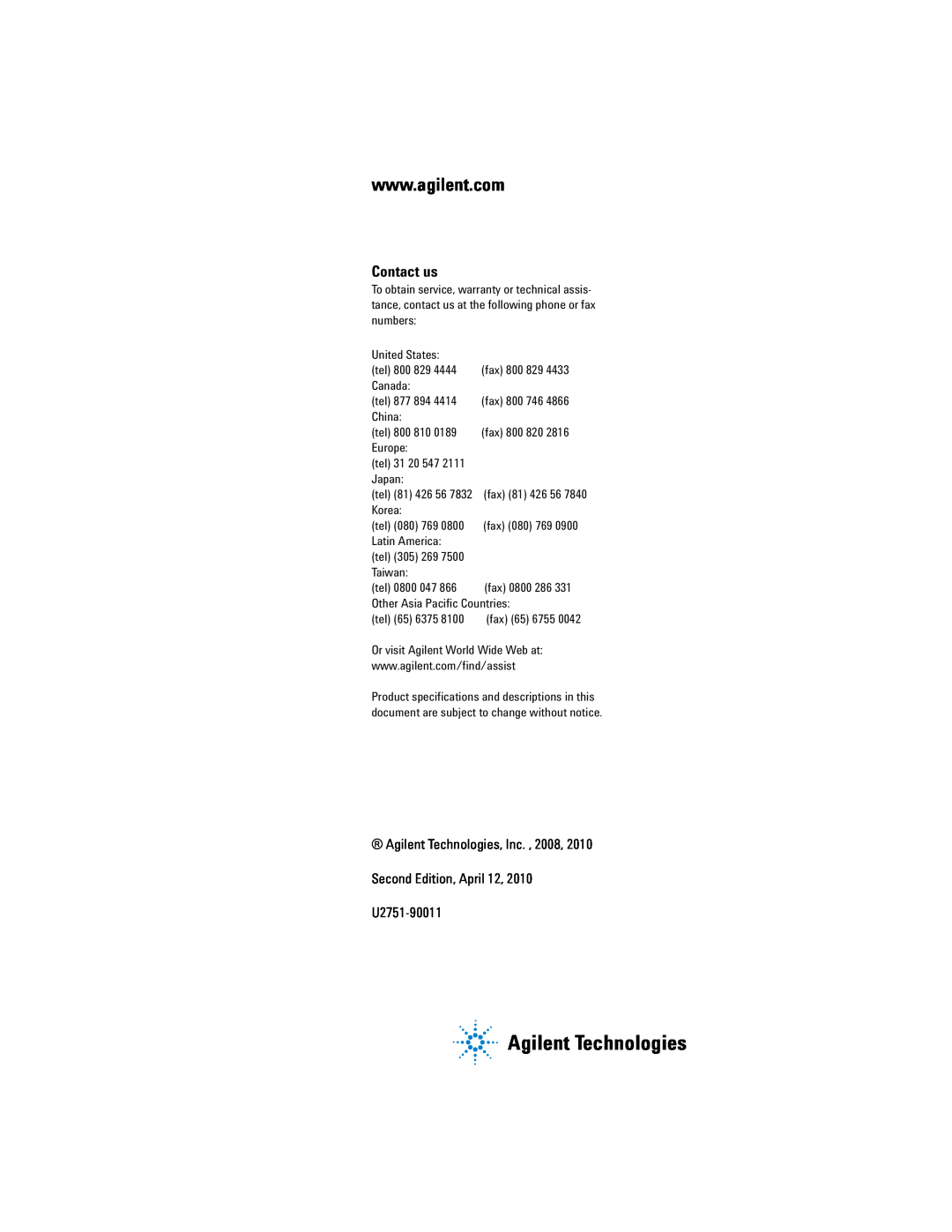 Agilent Technologies U2751A manual Agilent Technologies, Contact us 