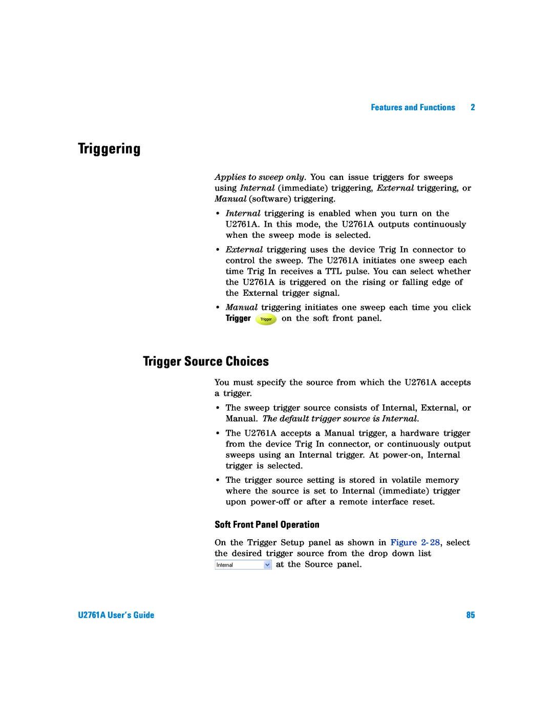 Agilent Technologies manual Triggering, Trigger Source Choices, Soft Front Panel Operation, U2761A User’s Guide 