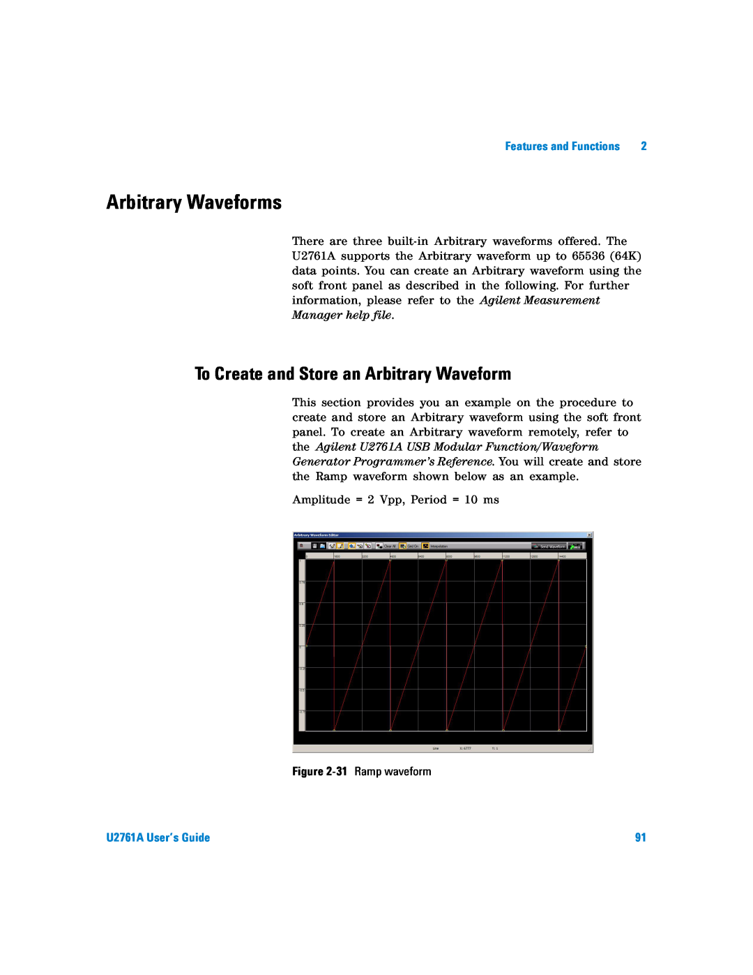Agilent Technologies manual Arbitrary Waveforms, To Create and Store an Arbitrary Waveform, U2761A User’s Guide 