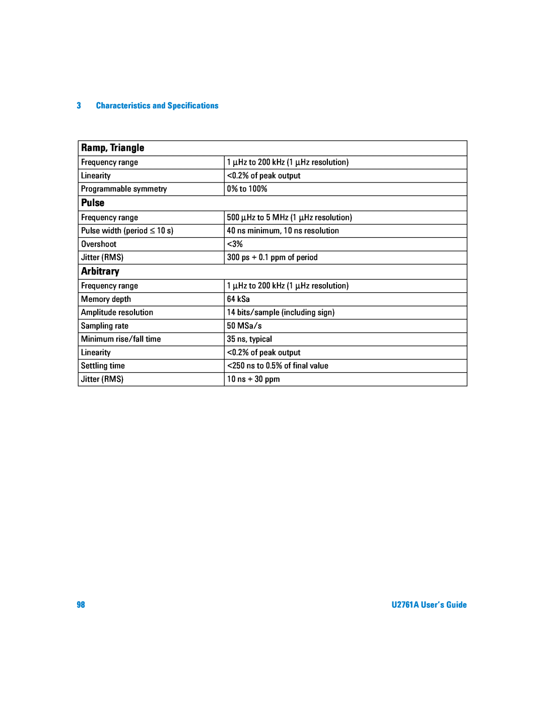 Agilent Technologies U2761A manual Ramp, Triangle, Pulse, Arbitrary, Characteristics and Specifications 