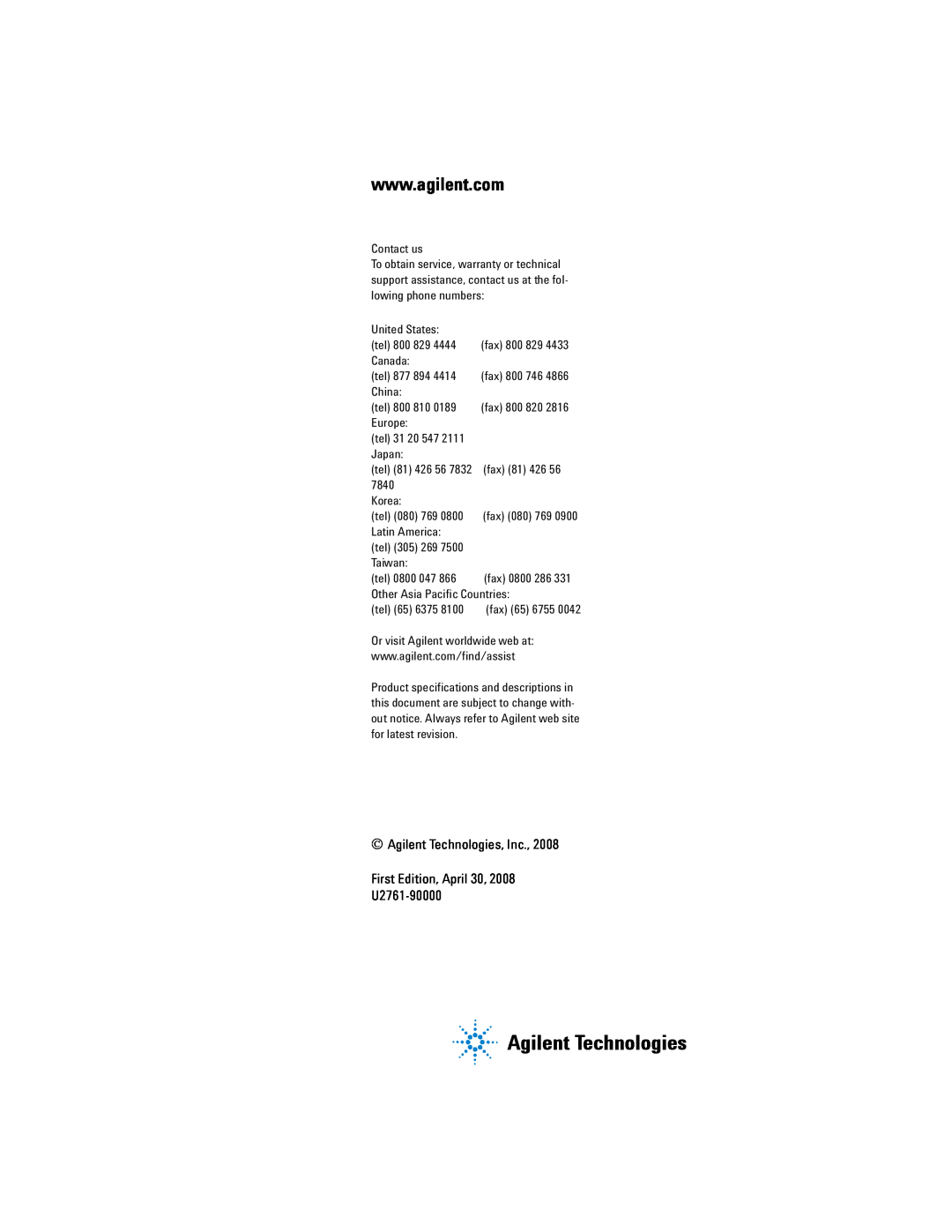 Agilent Technologies U2761A manual Agilent Technologies, Inc First Edition, April 30 U2761-90000 